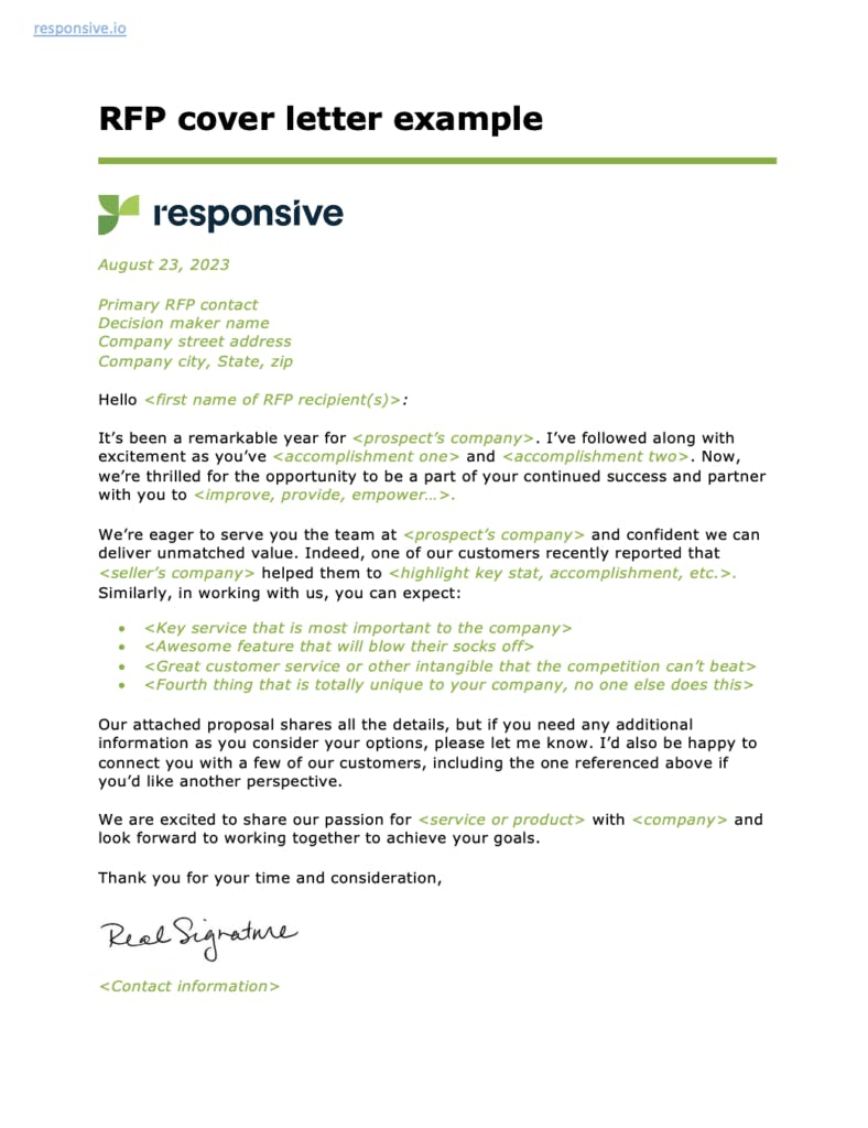 RFP cover letter example document proposal cover letter Template available on responsive.io