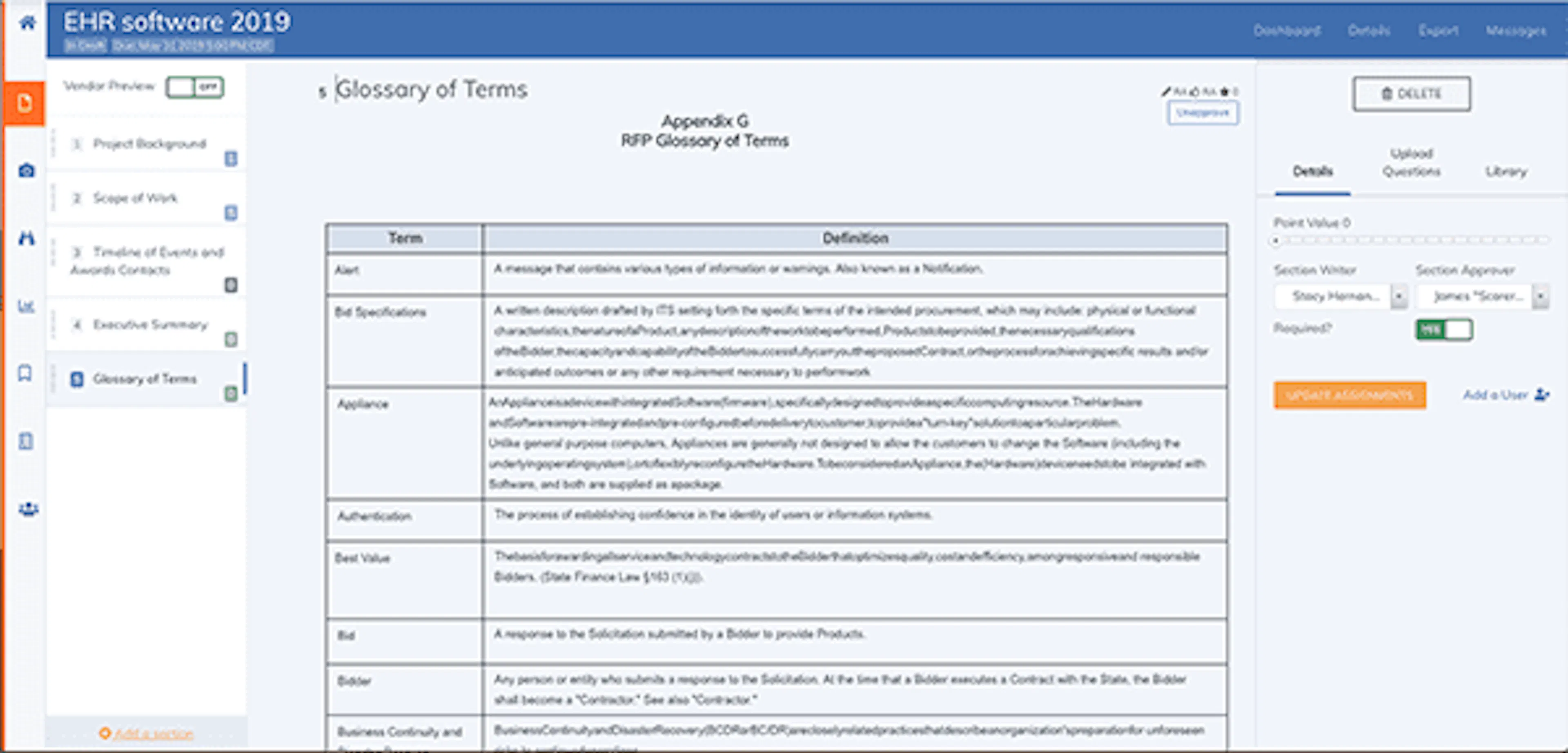 Business requirements document glossary or appendix example