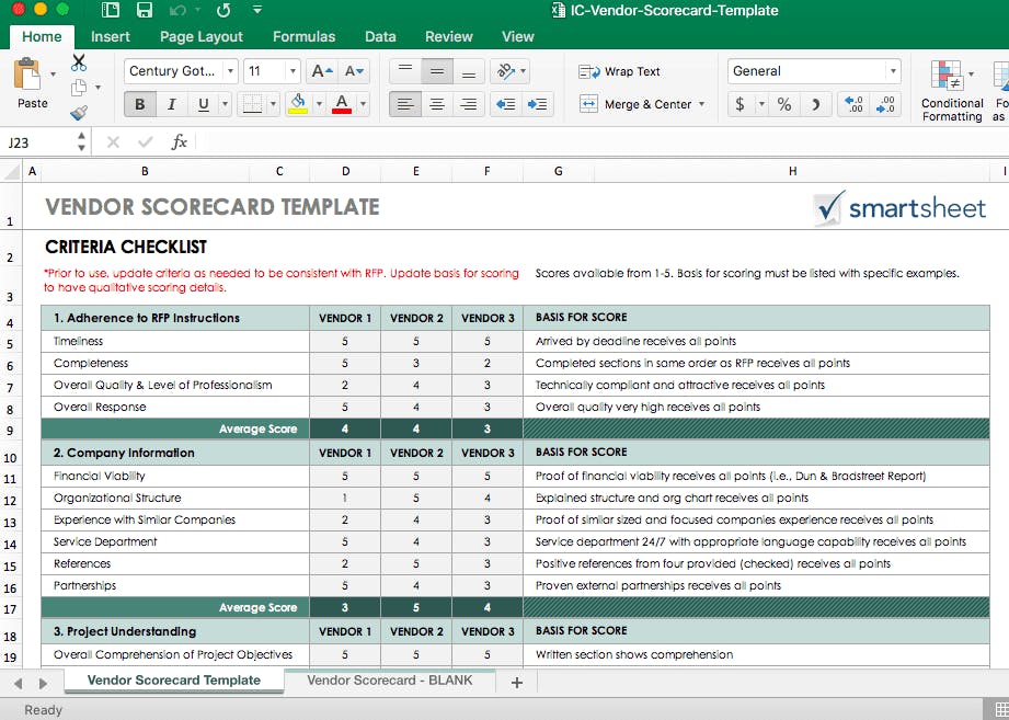 vendor scorecard template