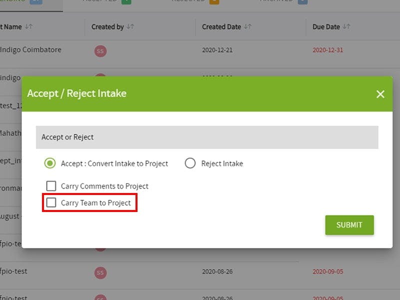 Automatically transfer intake team to project team, simplifying proposal management