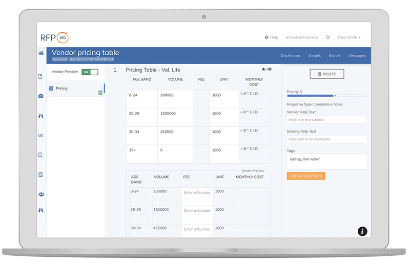 RFP360 pricing table