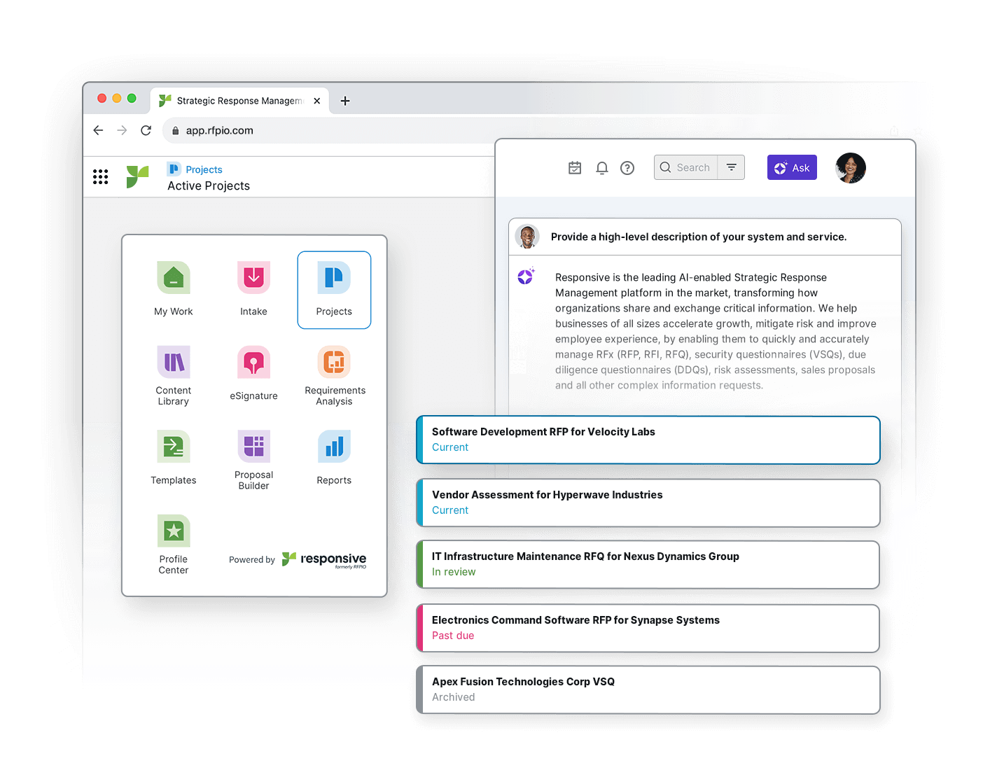 Mockup of Responsive IRI dashboard showing Active Projects
