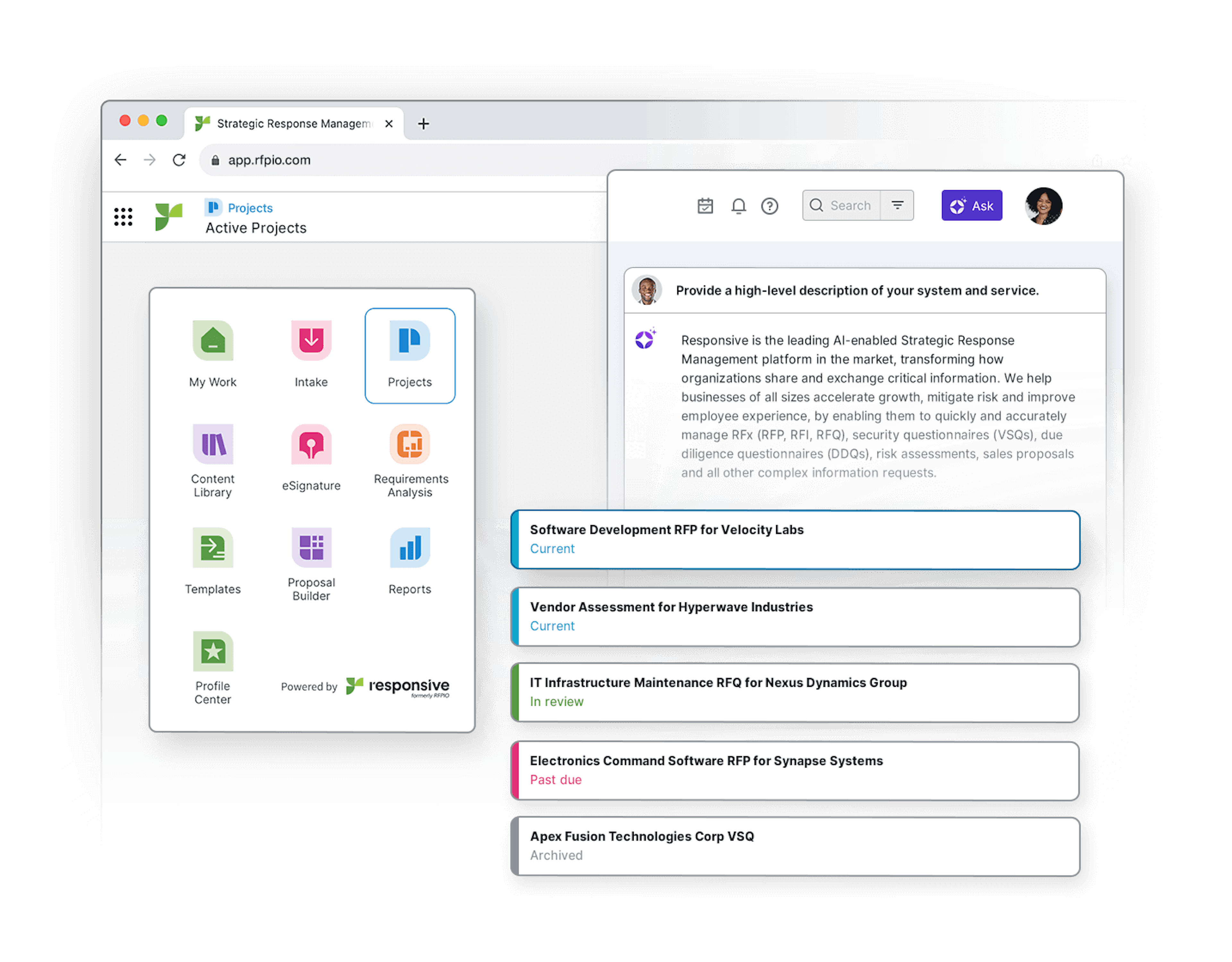 Mockup of Responsive IRI dashboard showing Active Projects