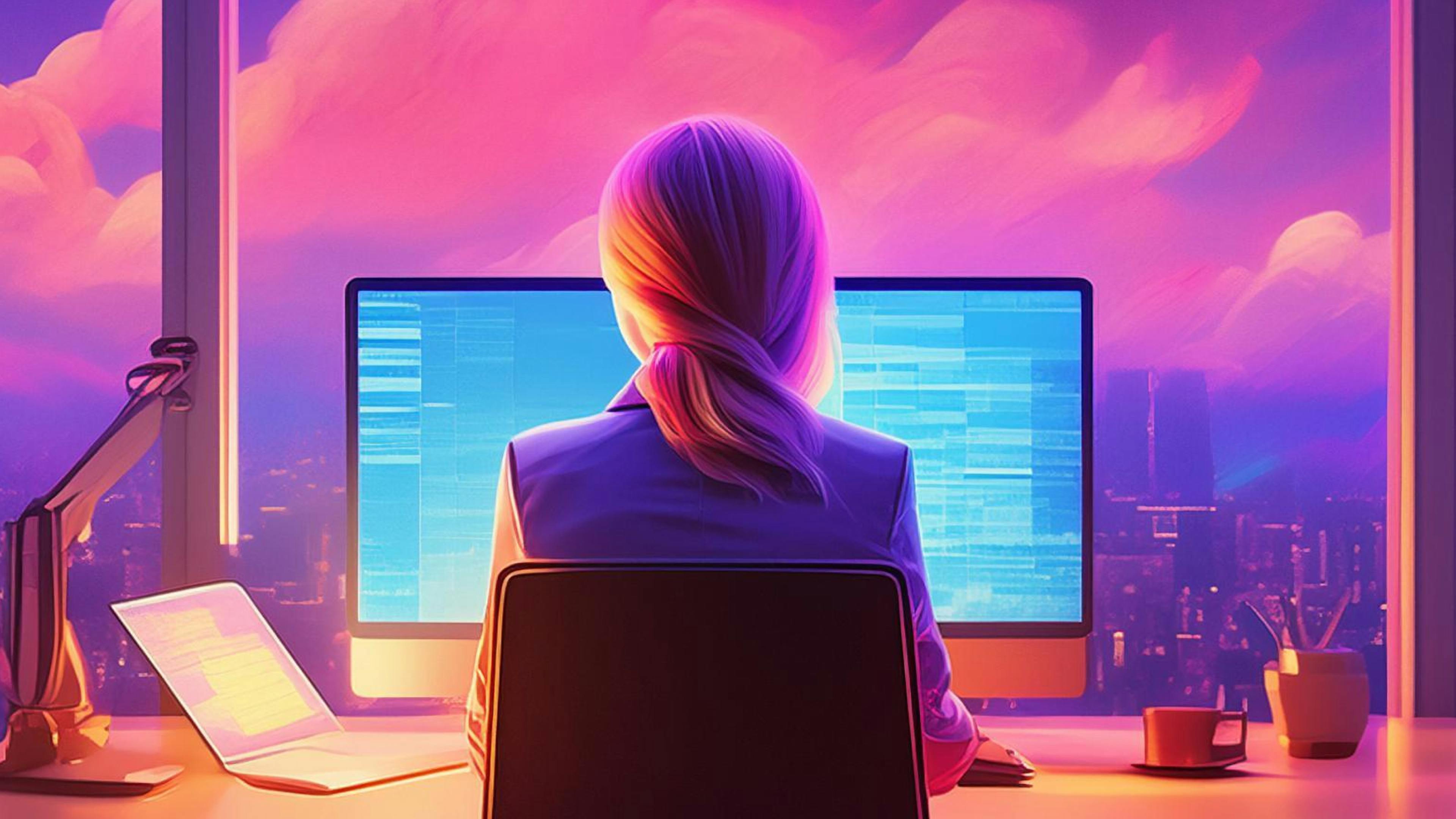 Illustration of professional woman sitting at a computer. 