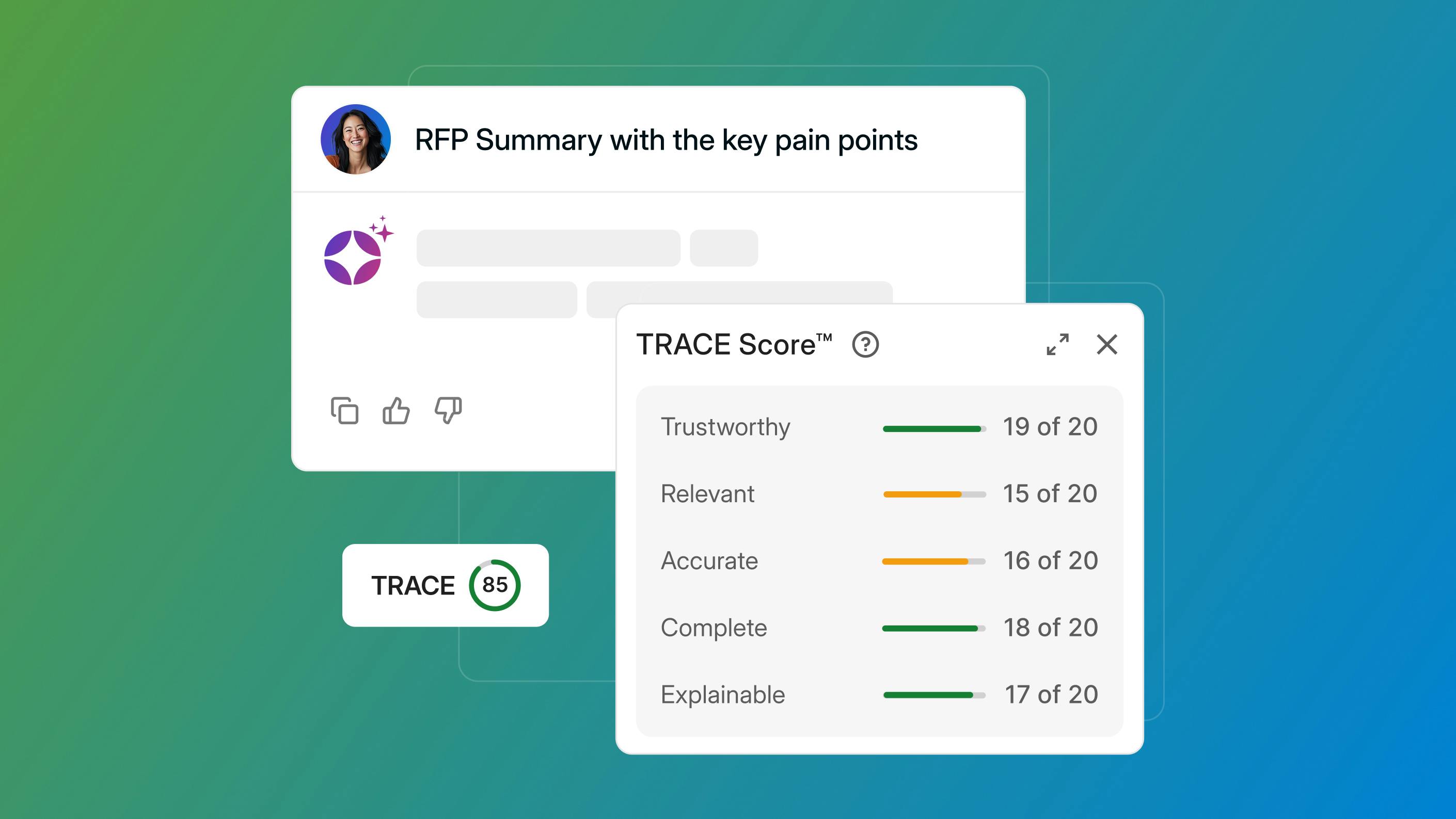 Responsive mockup of the TRACE Score™ and tooltip from Ask