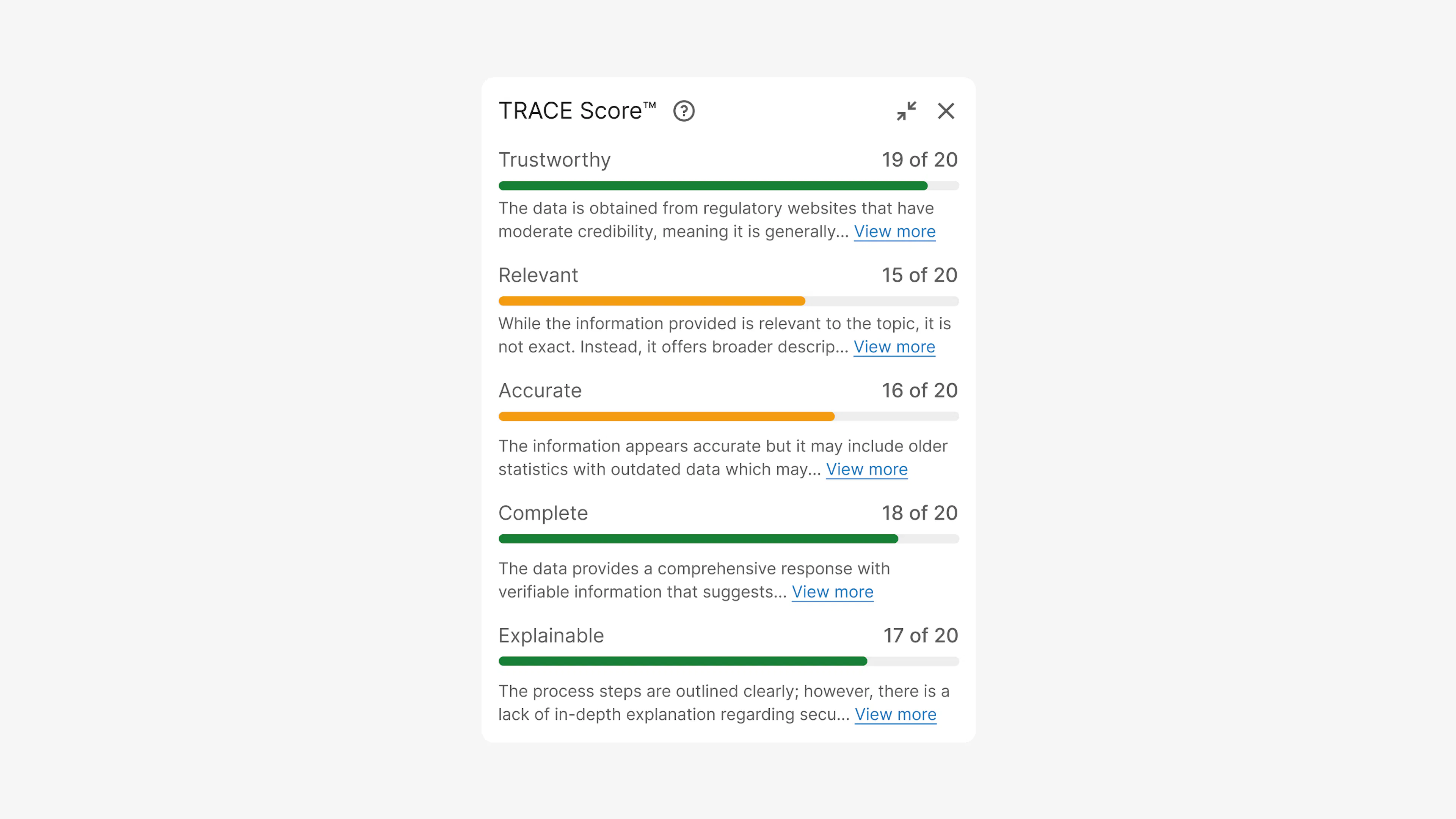 Responsive TRACE Score™ tooltip showing a reliable AI-generated answer
