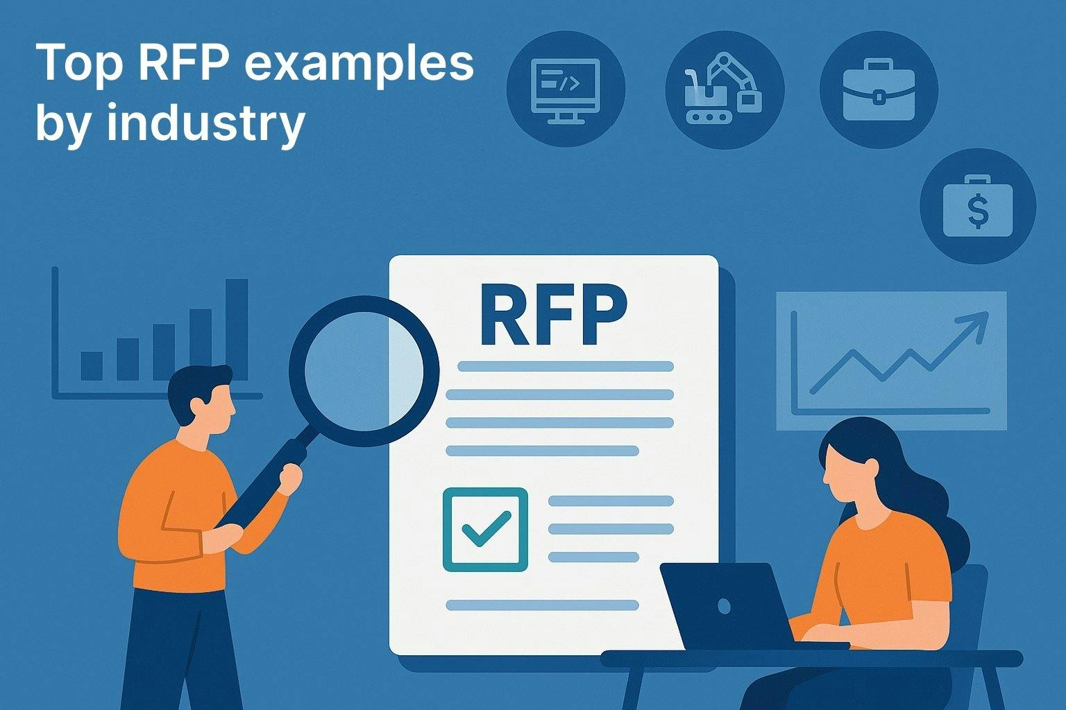 Illustration of two professionals reviewing a large digital RFP document, surrounded by icons representing various industries such as healthcare, construction, and technology, symbolizing the variety of RFP examples covered in the blog post.