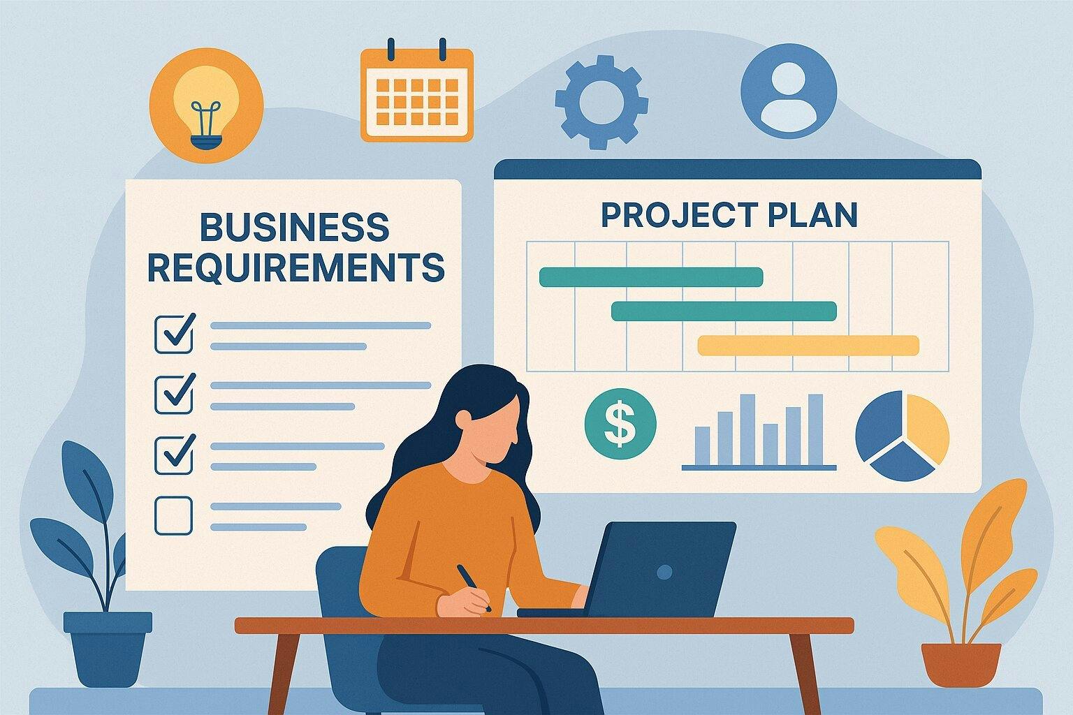 Illustration of a professional reviewing a business requirements document at her desk, surrounded by project planning elements like a timeline board, colorful icons, and office decor—visually representing the process of organizing and presenting project goals, scope, and stakeholder input.