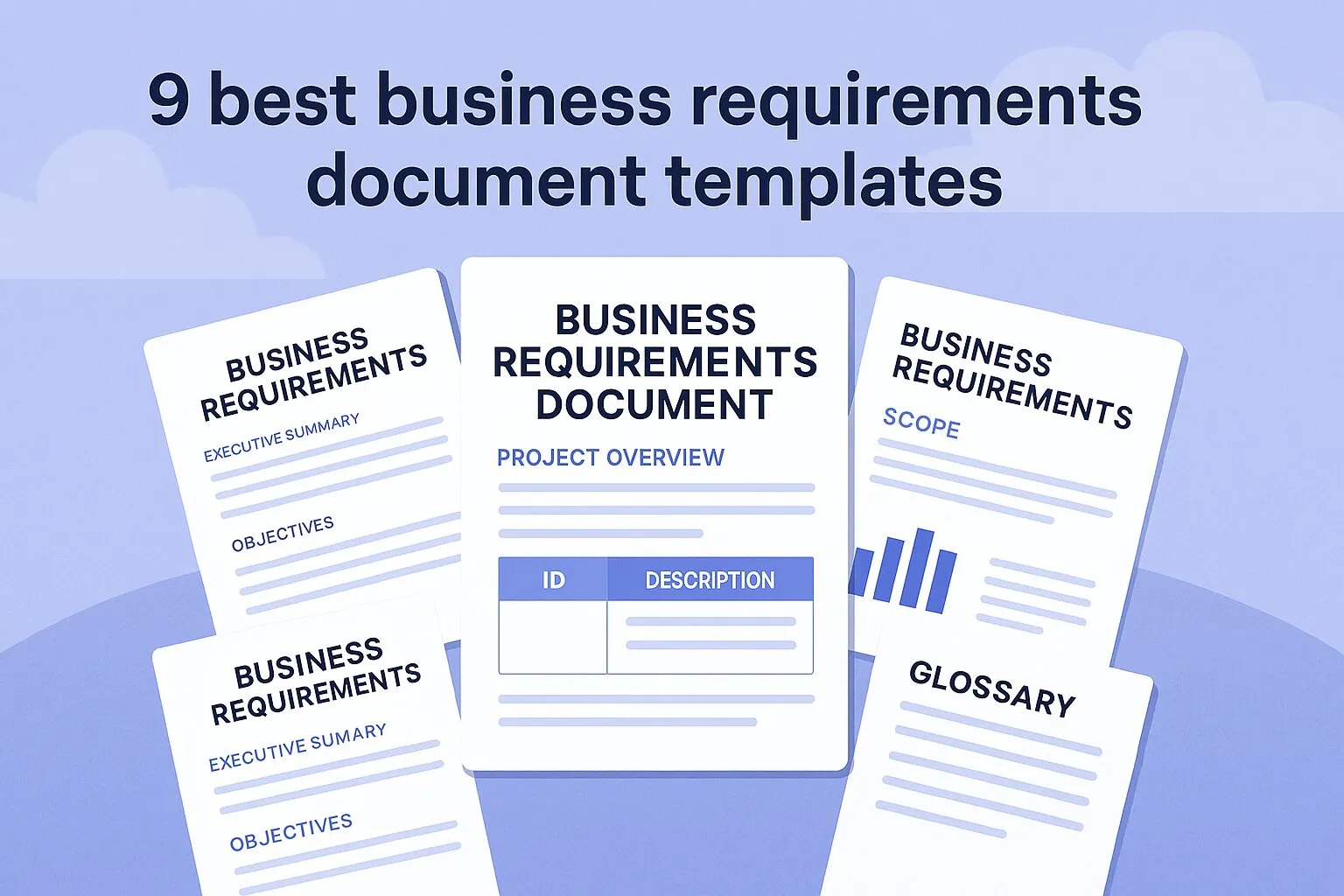 Illustration of neatly arranged business requirements document templates displayed on a desk, each showing labeled sections like executive summary and project scope, symbolizing the variety of BRD formats available for different project needs.