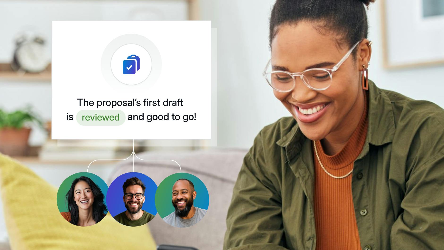 Woman looking down while smiling with a graphic to the left showing proposal drafts being reviewed by three people