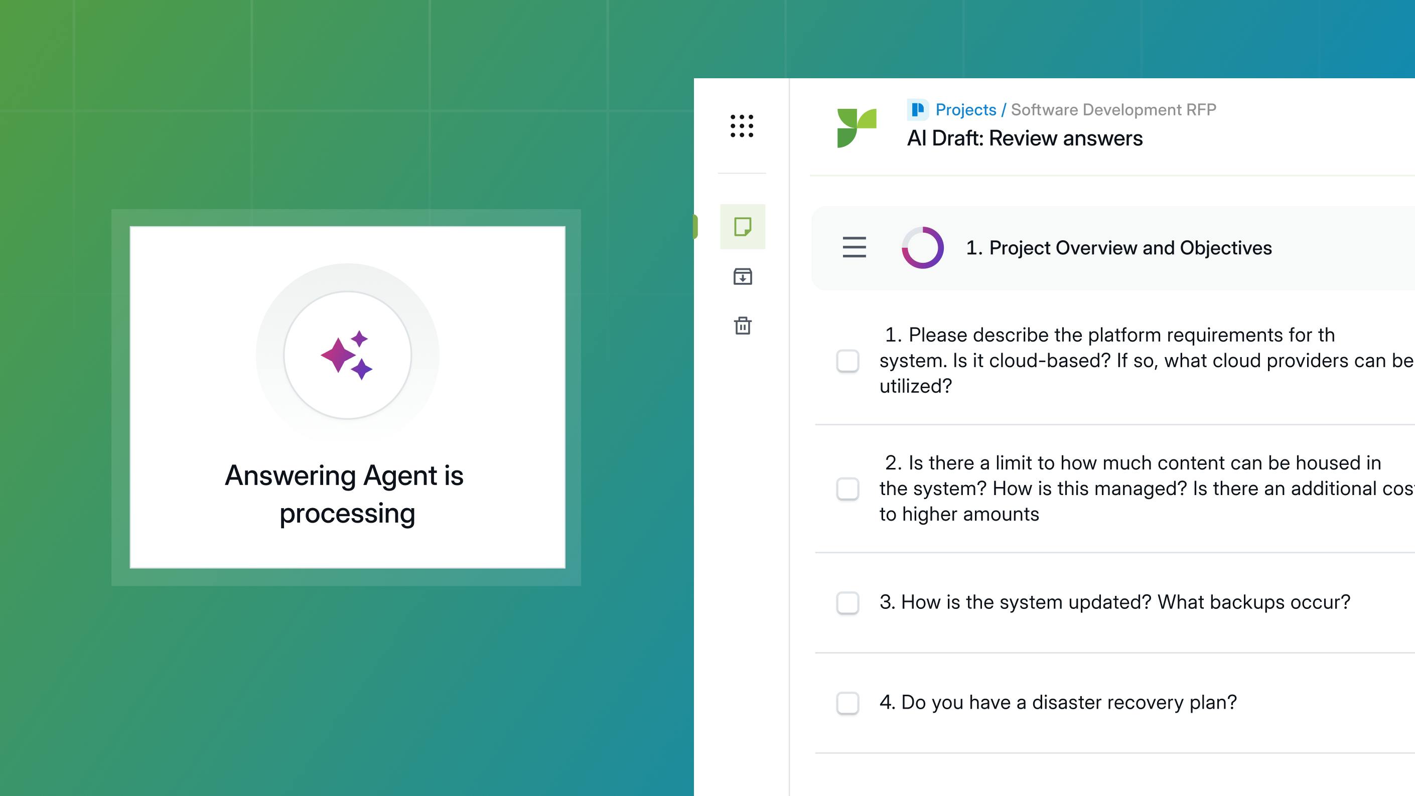 Responsive mockup showing an AI agent answering questions in an RFP