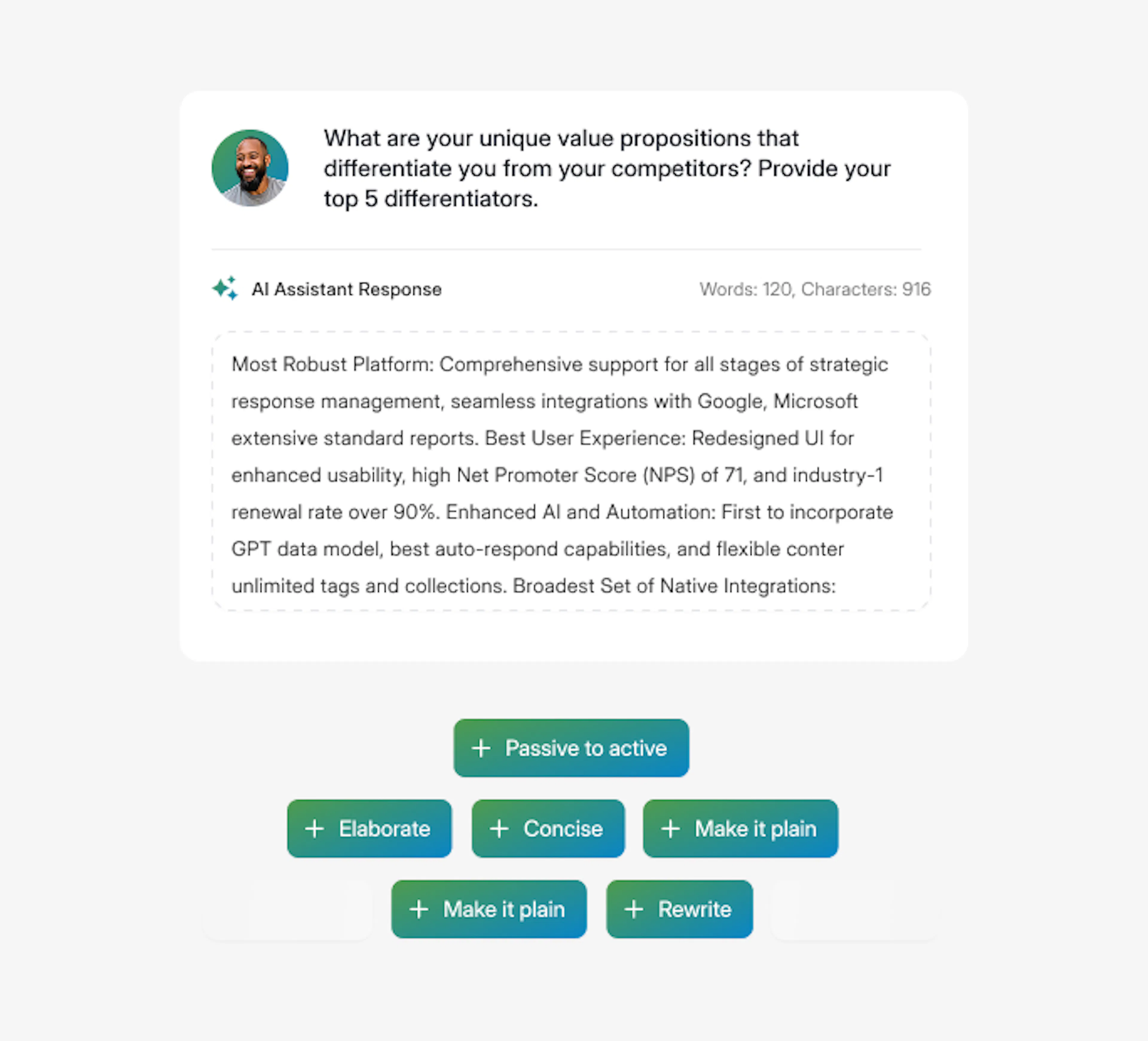 Responsive UI showing an AI Assistant response