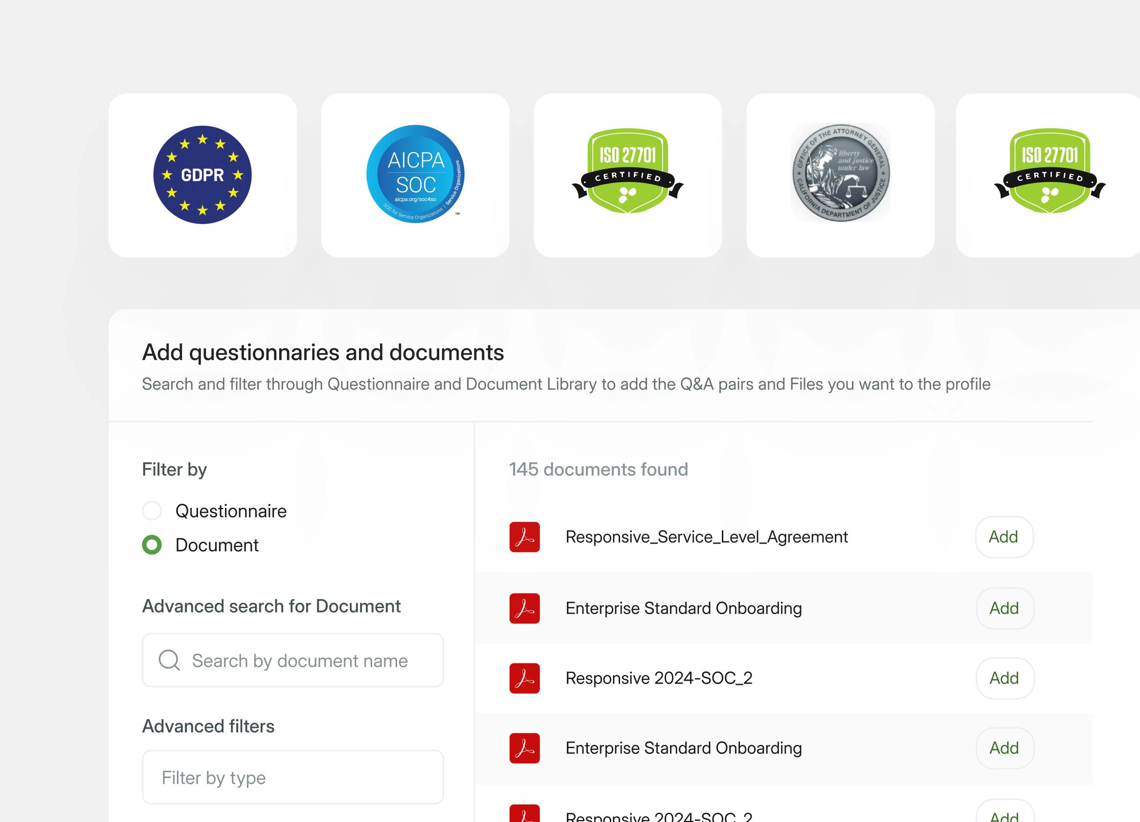 Responsive's Profile Center main dashboard