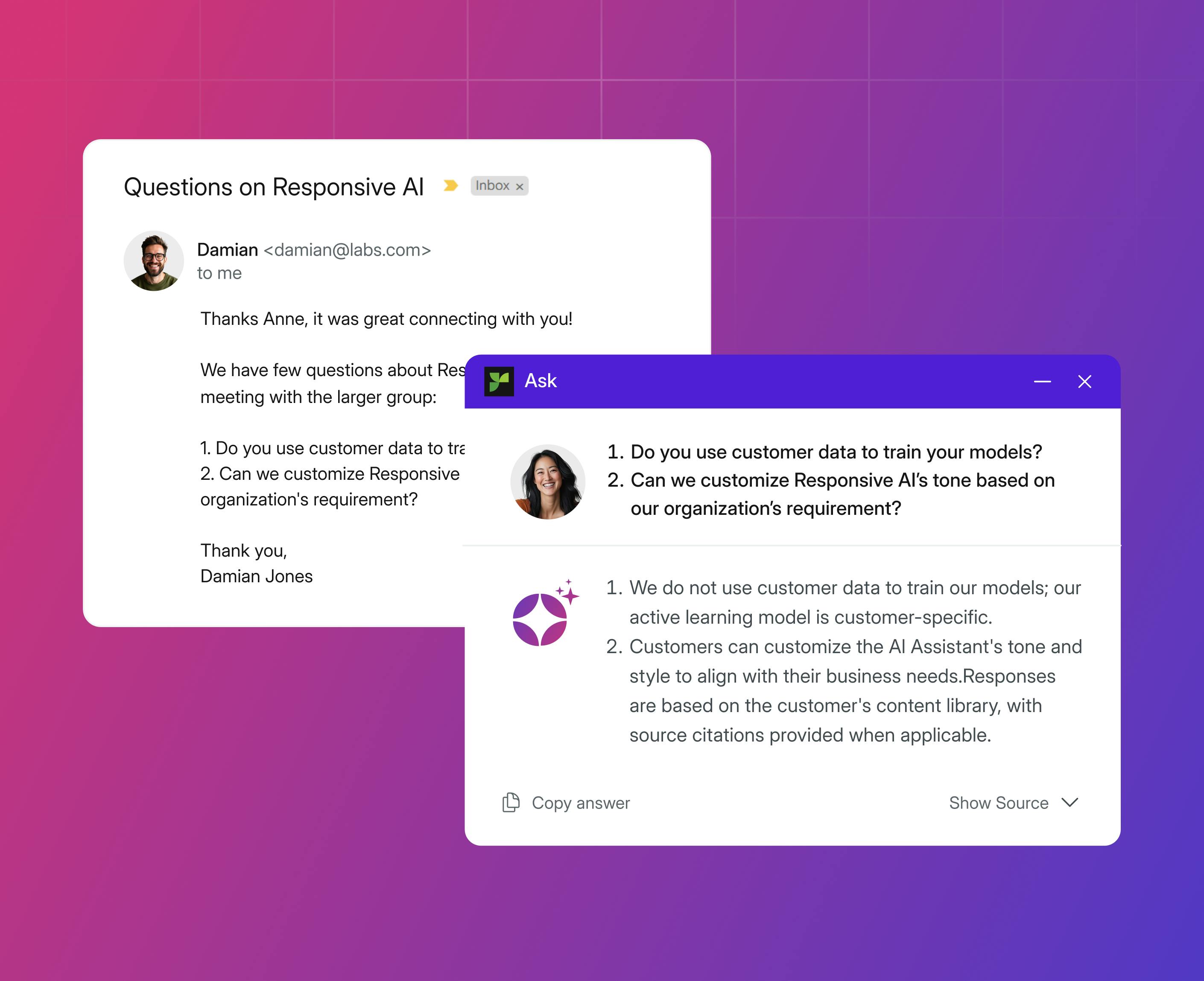 Using Responsive Ask to answer questions from an email