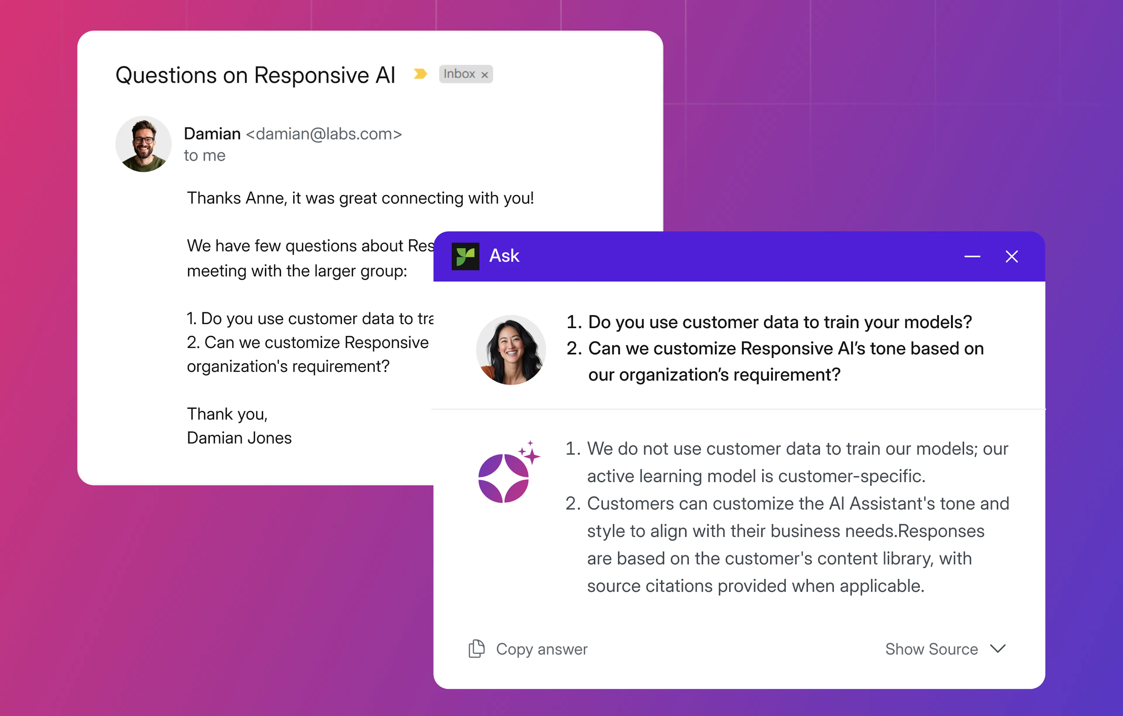 Using Responsive Ask to answer questions from an email