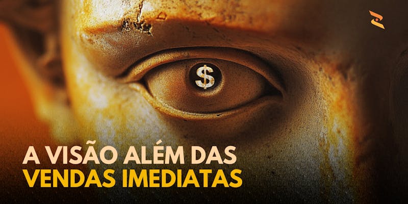 Escultura grega com foco nos olhos, onde o símbolo de dólar em seus olhos representa a visão estratégica além das vendas imediatas, destacando a importância do planejamento de longo prazo para o sucesso empresarial.