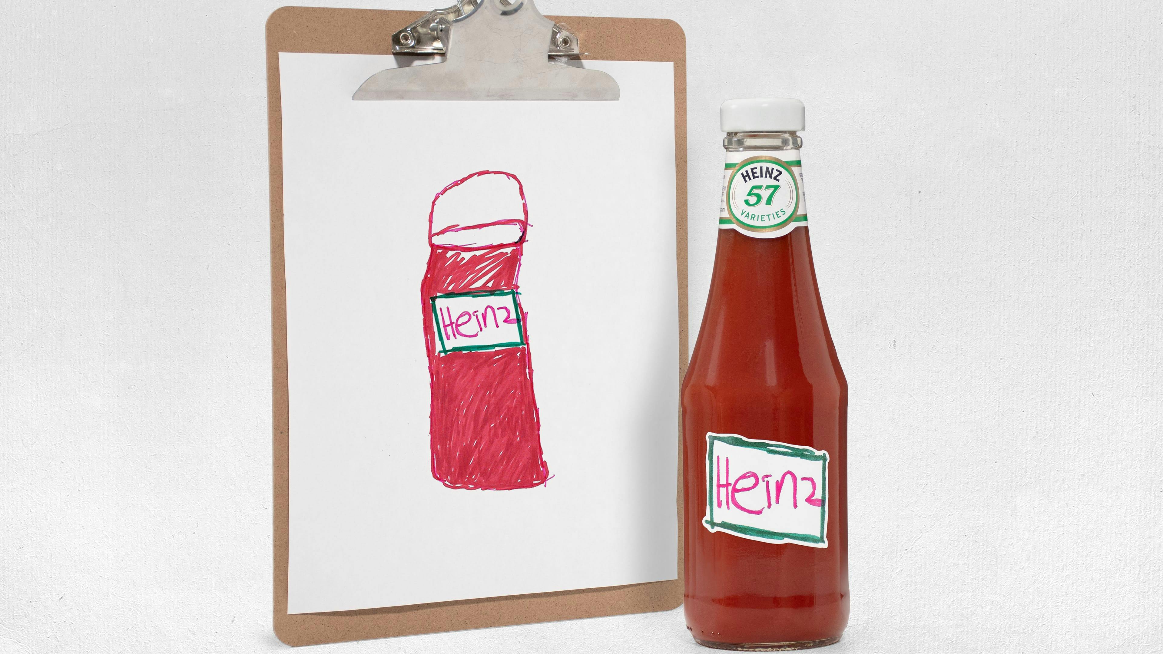 Children's drawing of a Heinz ketchup bottle.