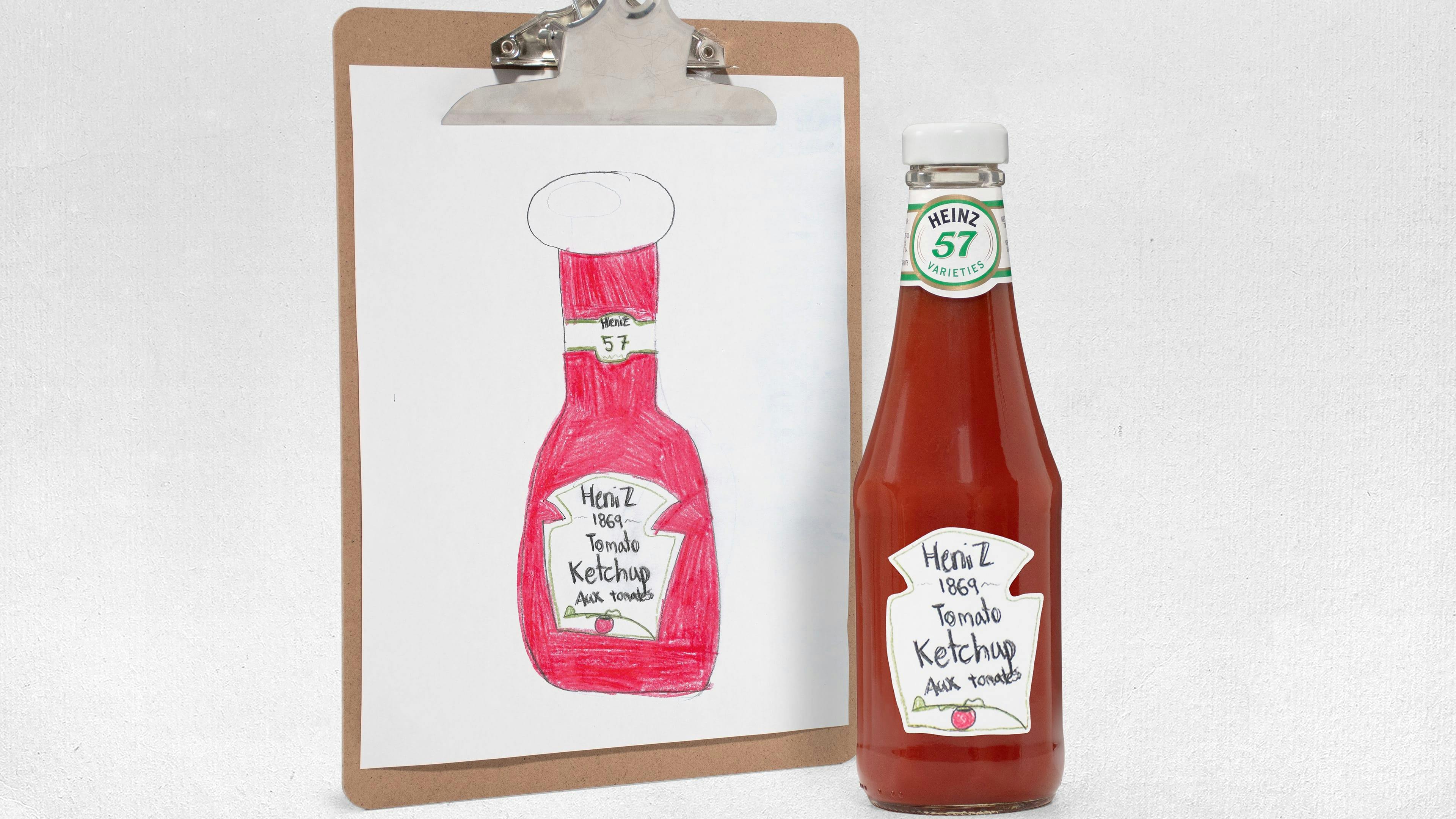 Children's drawing of a Heinz ketchup bottle.