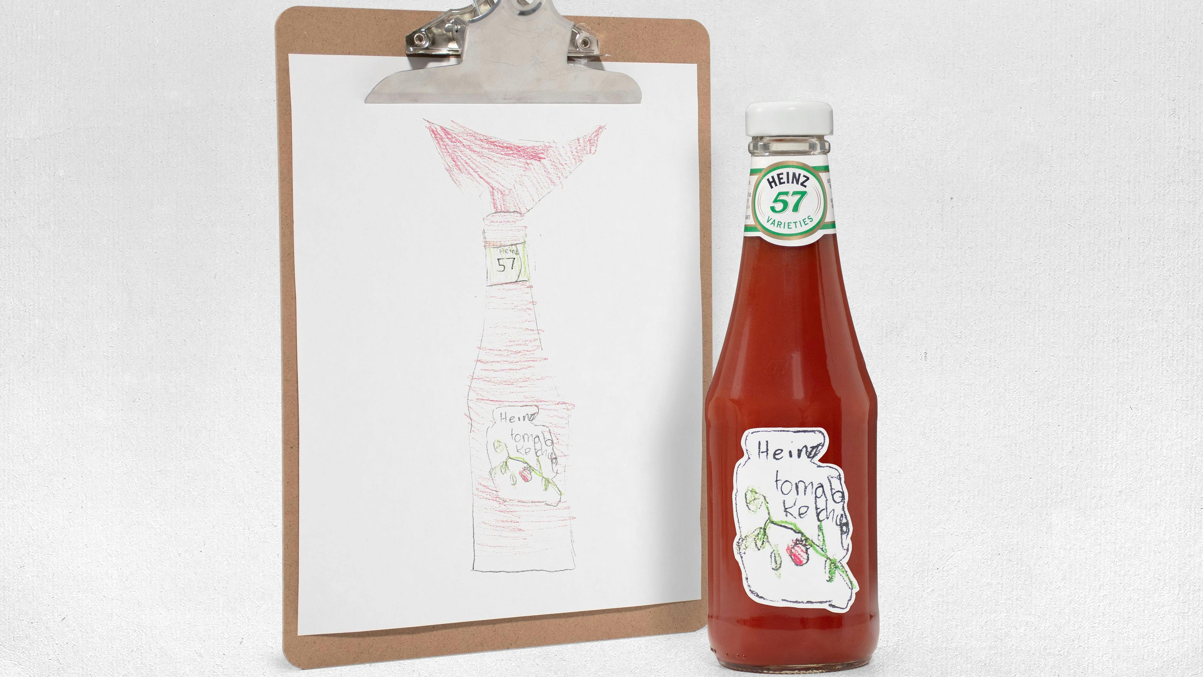 Children's drawing of a Heinz ketchup bottle.