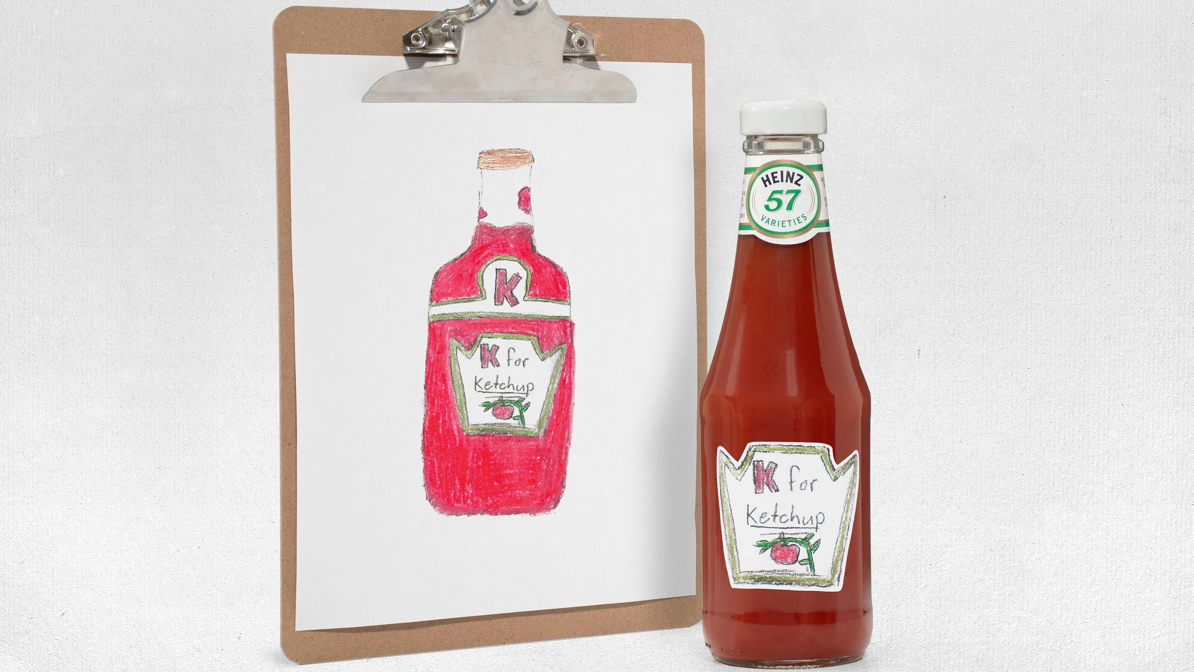 Children's drawing of a Heinz ketchup bottle.