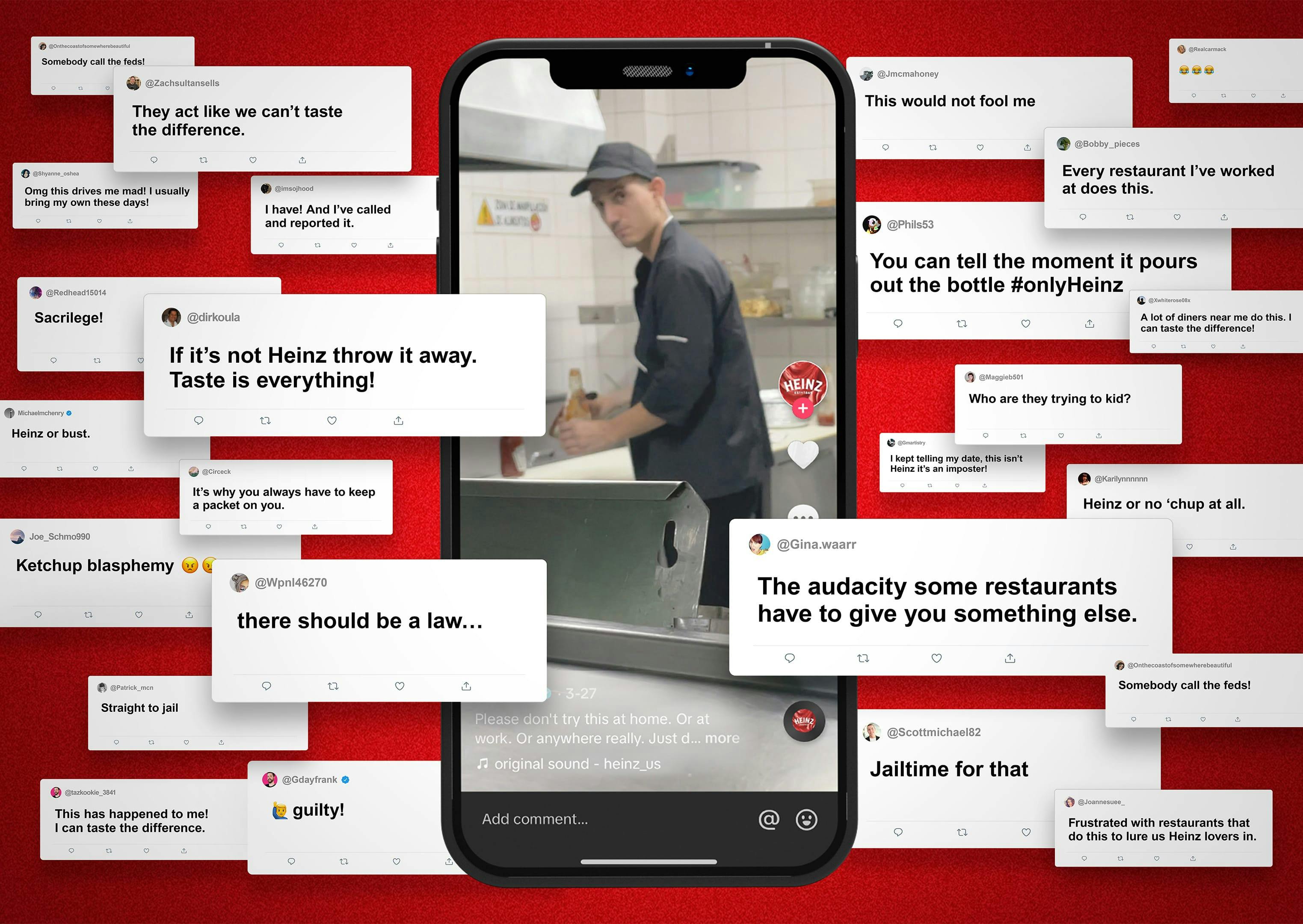 A creative social media-themed image with multiple overlapping comments and posts relating to ketchup preferences, with a central picture of a phone with an image showing a chef in a kitchen handling a bottle of ketchup.