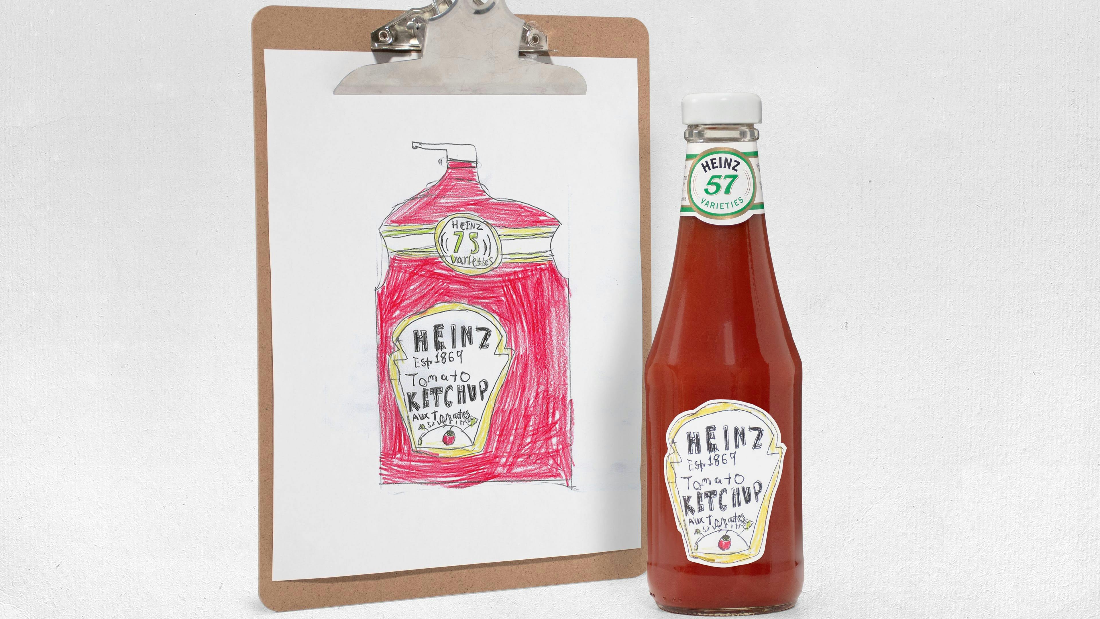 Children's drawing of a Heinz ketchup bottle.