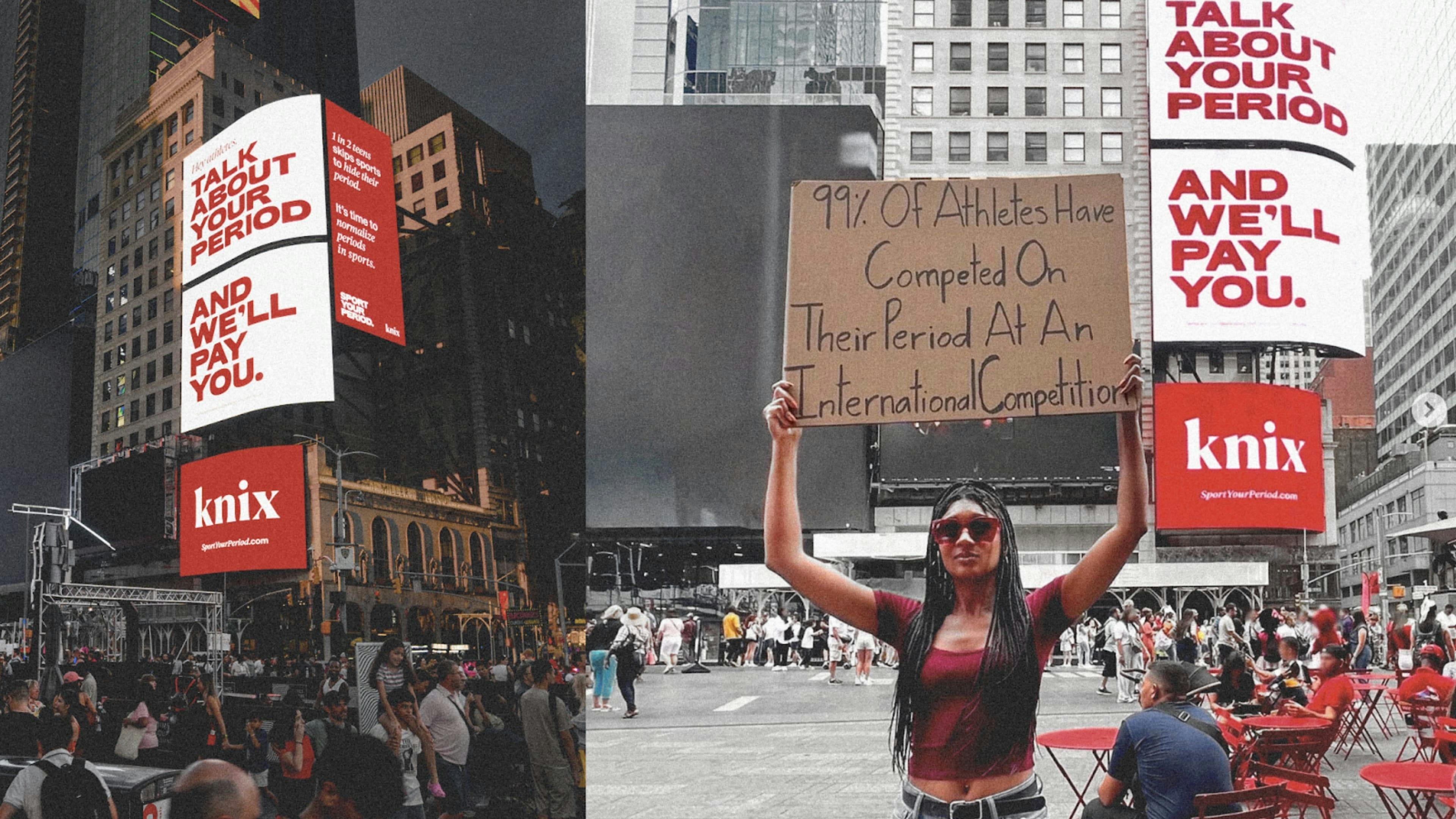 Dudette holding a poster in front of the Sport Your Period billboard.