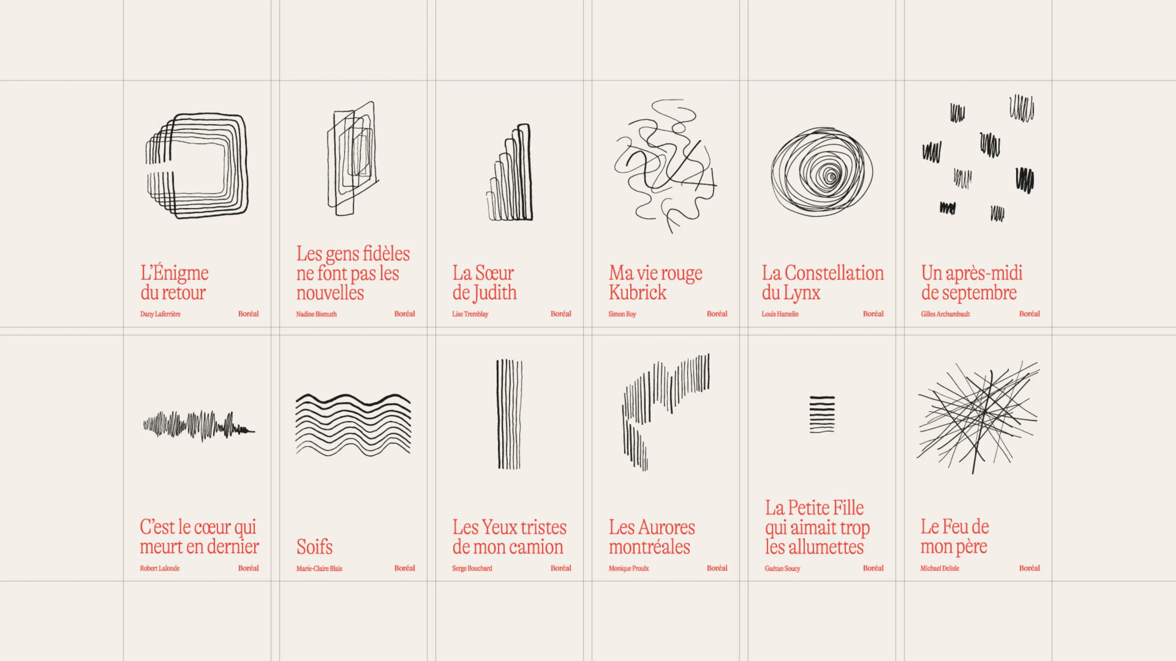 A grid of book covers with abstract line art designs and titles in French in red text. Each cover features different patterns of lines or shapes.