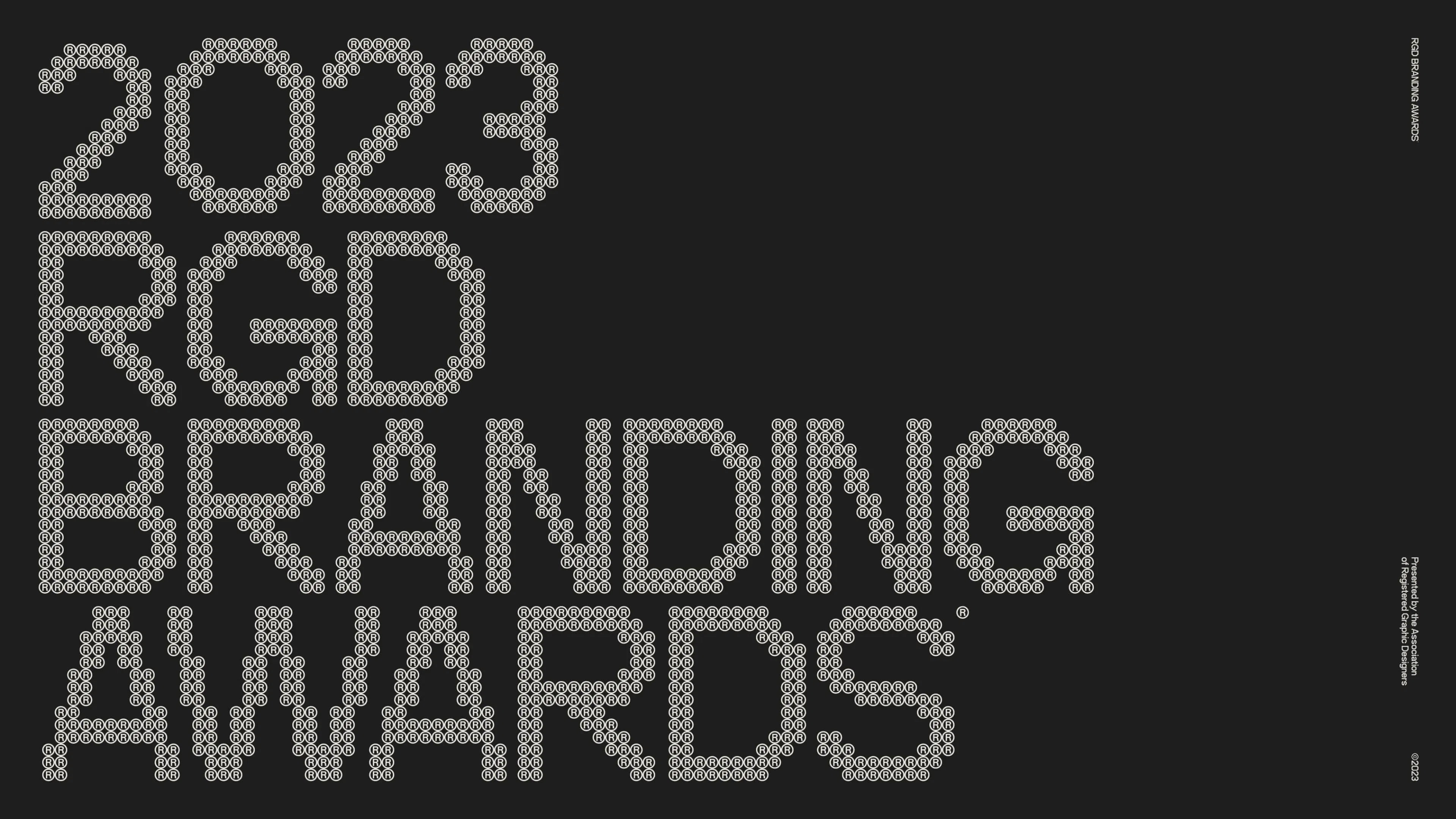 Text on a black background reads "2023 RGD Branding Awards" in a creative, geometric dot font made of registered trademark symbols.