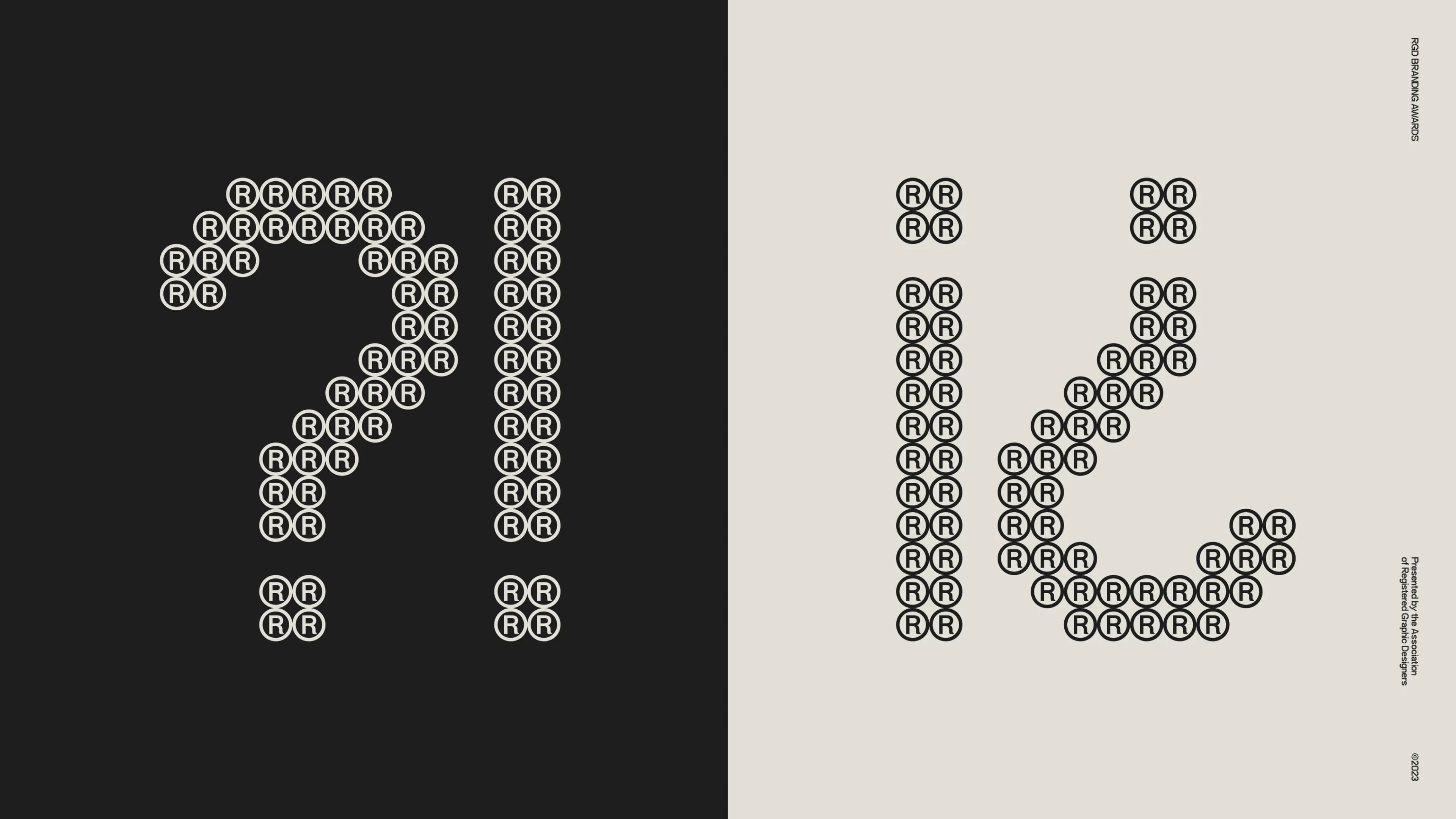 Split image: left side features a question mark and exclamation point made of registered trademark symbols on a black background; right side shows an upside down question mark and exclamation point similarly formed on a white background.