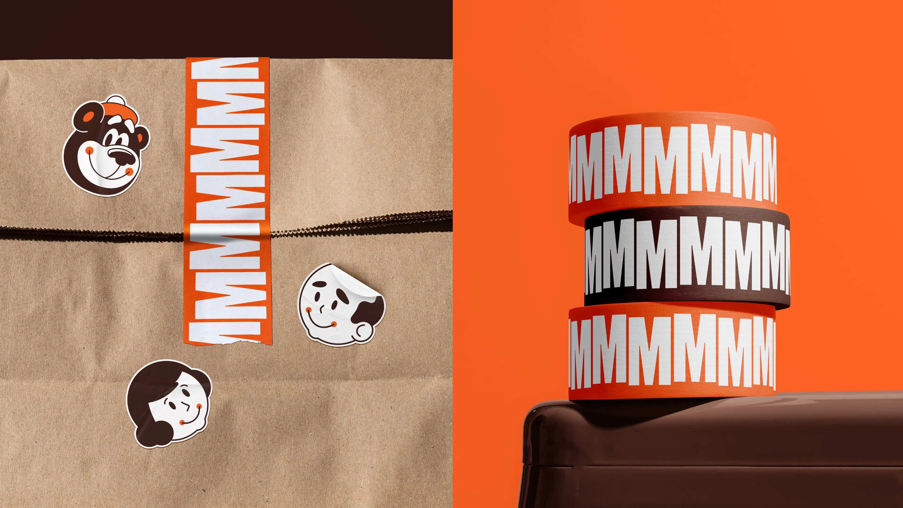 Brown paper bag sealed with orange tape displaying "Mmmmmm" and cartoon stickers. Stack of orange and white tape rolls on an orange background.