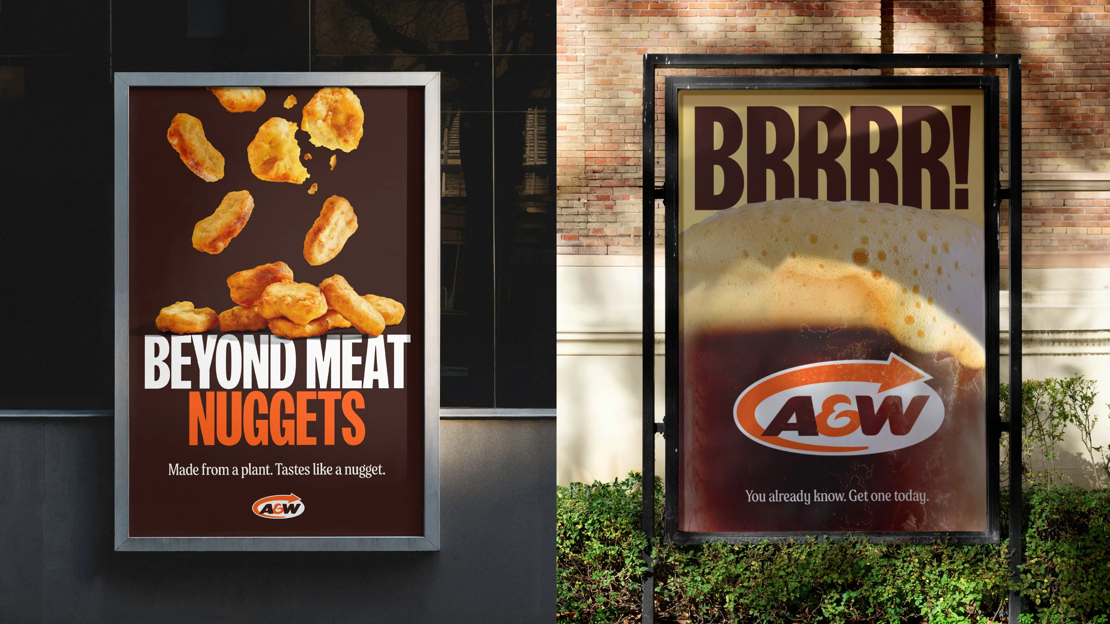 Two A&W advertisements: one for Beyond Meat Nuggets with images of nuggets, and one featuring a close-up of a cold root beer with the text "BRRRR!" in large letters.