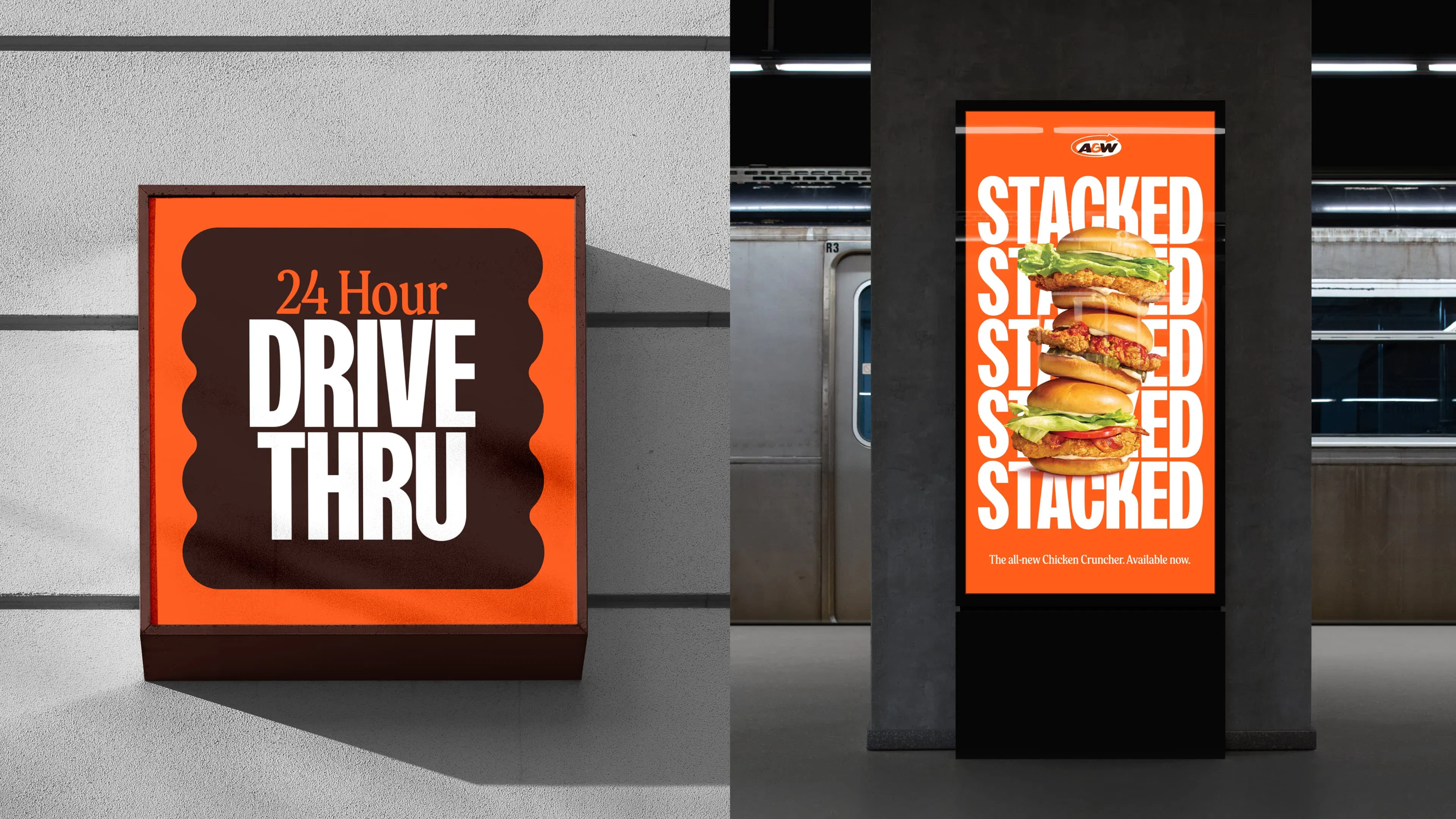 Two-part image: a "24 Hour Drive Thru" sign on a gray wall and a subway ad showing stacked chicken sandwiches with "STACKED" text.