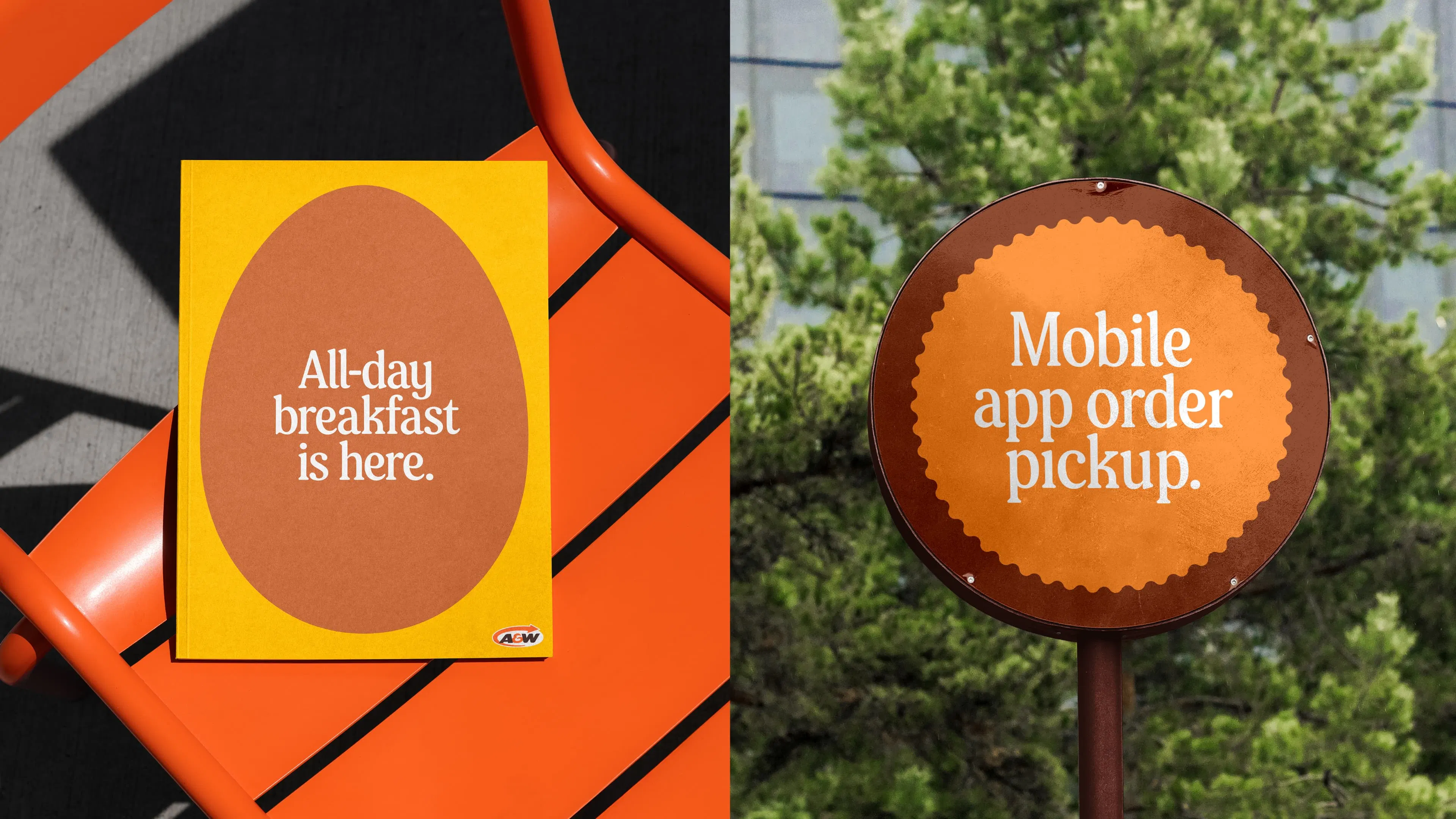 Split image with a yellow booklet on the left saying "All-day breakfast is here" and a circular sign on the right saying "Mobile app order pickup."