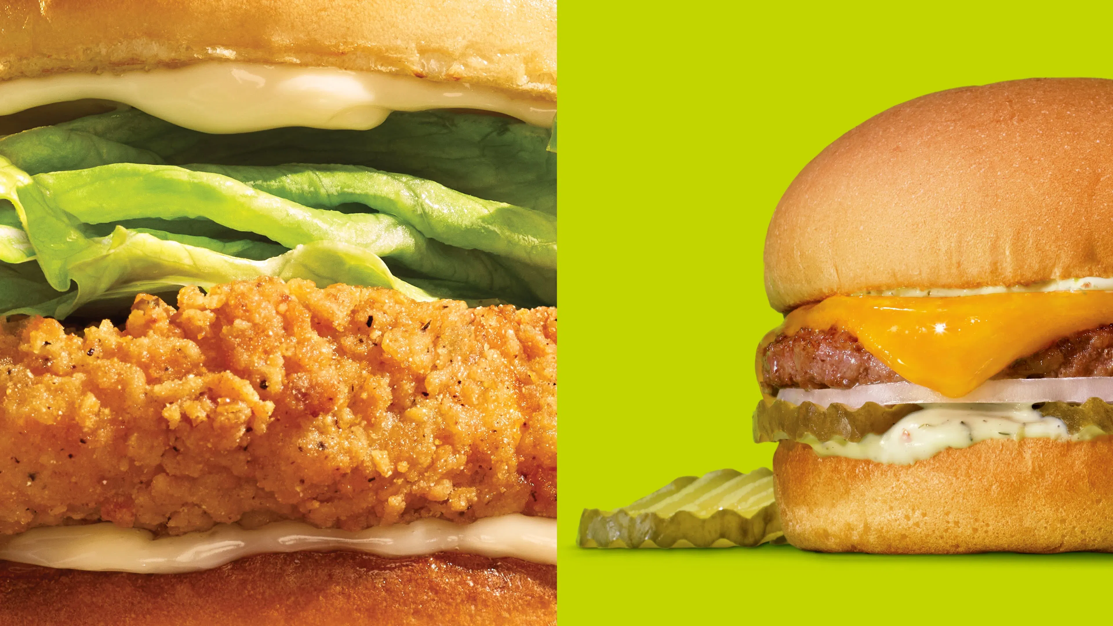 Close-up of an A&W crispy chicken sandwich and a cheeseburger against a green background with sliced pickles.