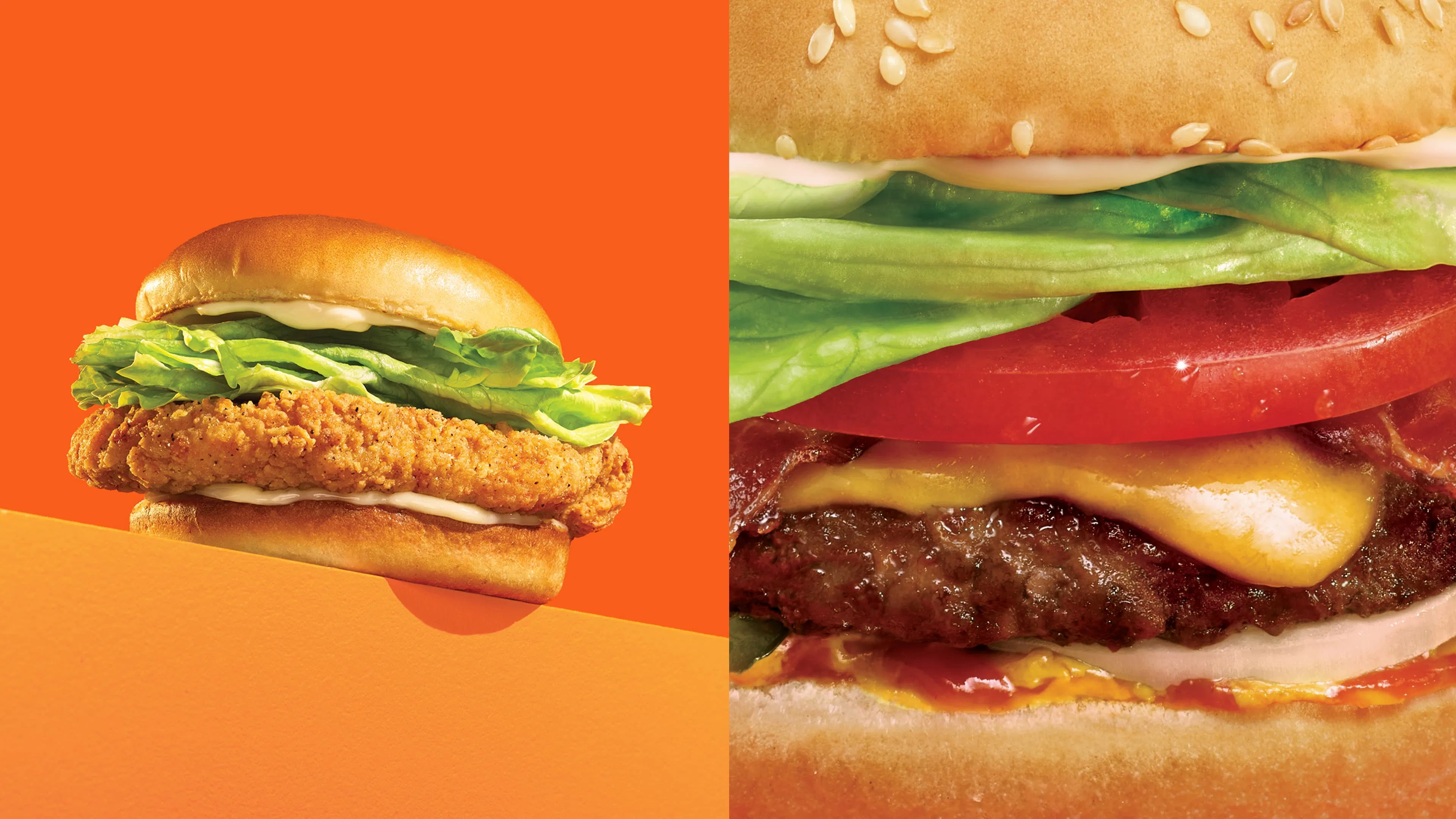 A split image showing a crispy A&W chicken sandwich on the left and a close-up of an A&W hamburger on the right.