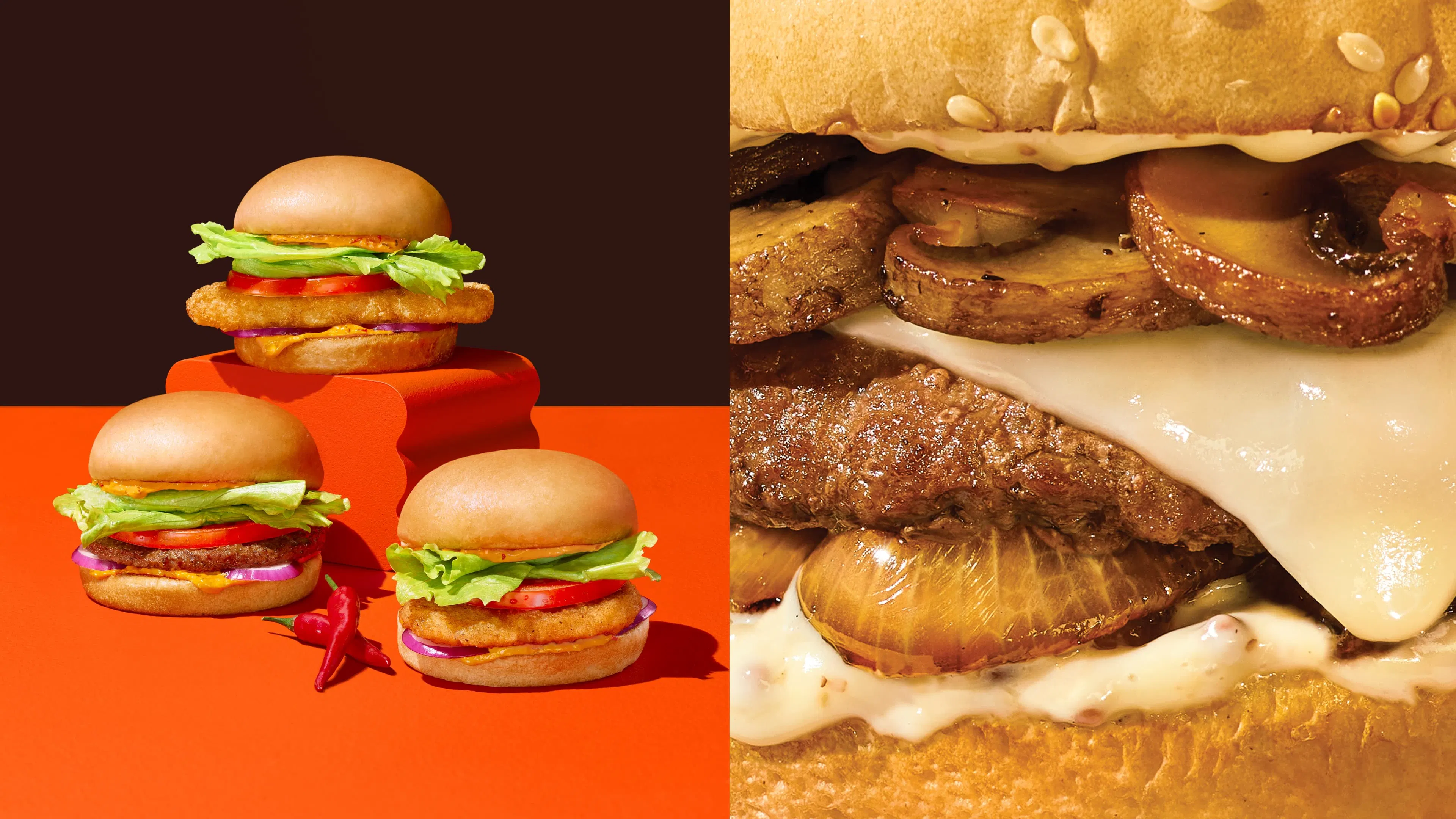 A split image showing three Piri Piri burgers on the left and a close-up of a larger beef burger with mushrooms and cheese on the right.