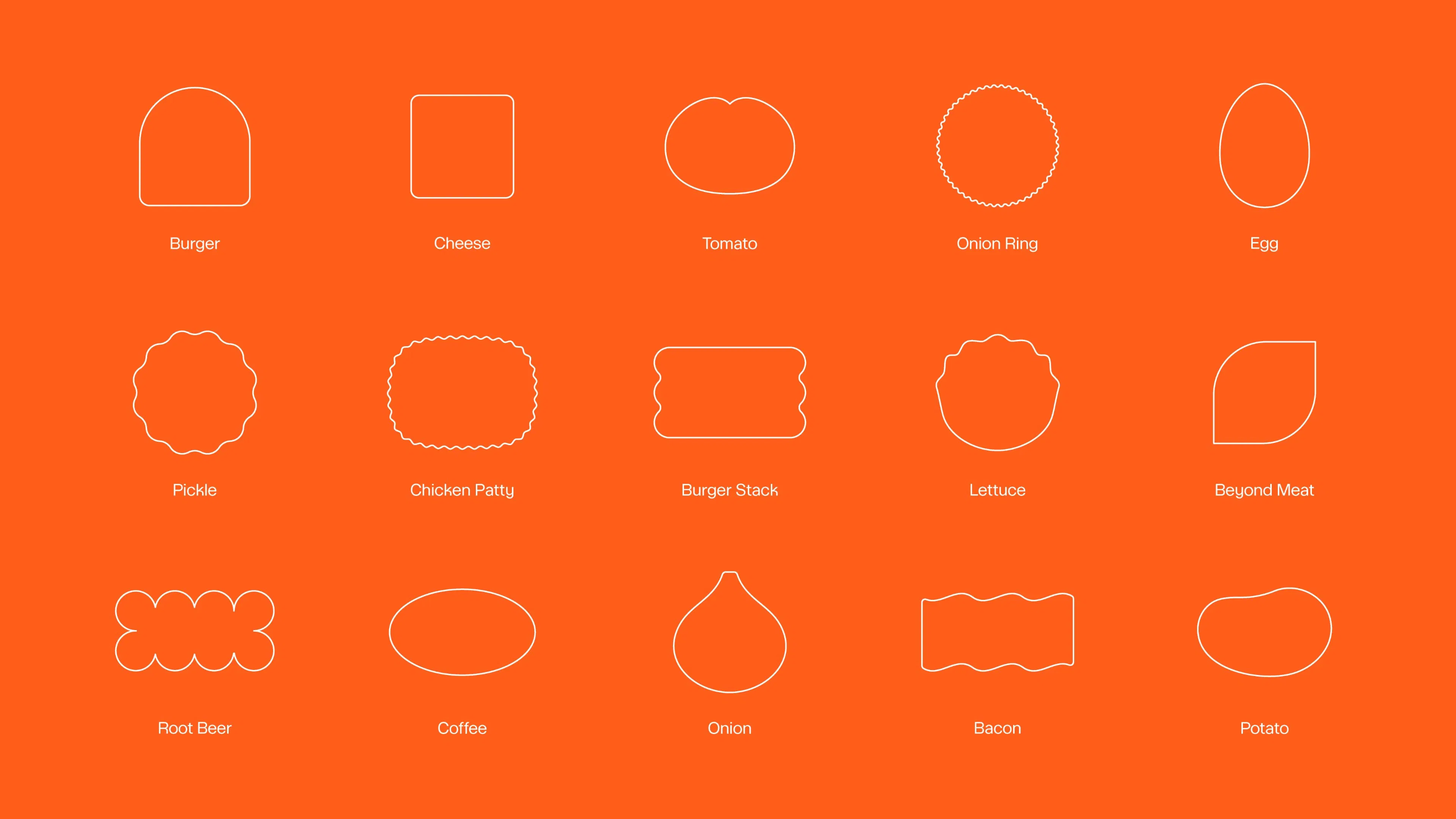 A grid of white-outlined food shapes on an orange background, with labels including Burger, Cheese, Tomato, and more.