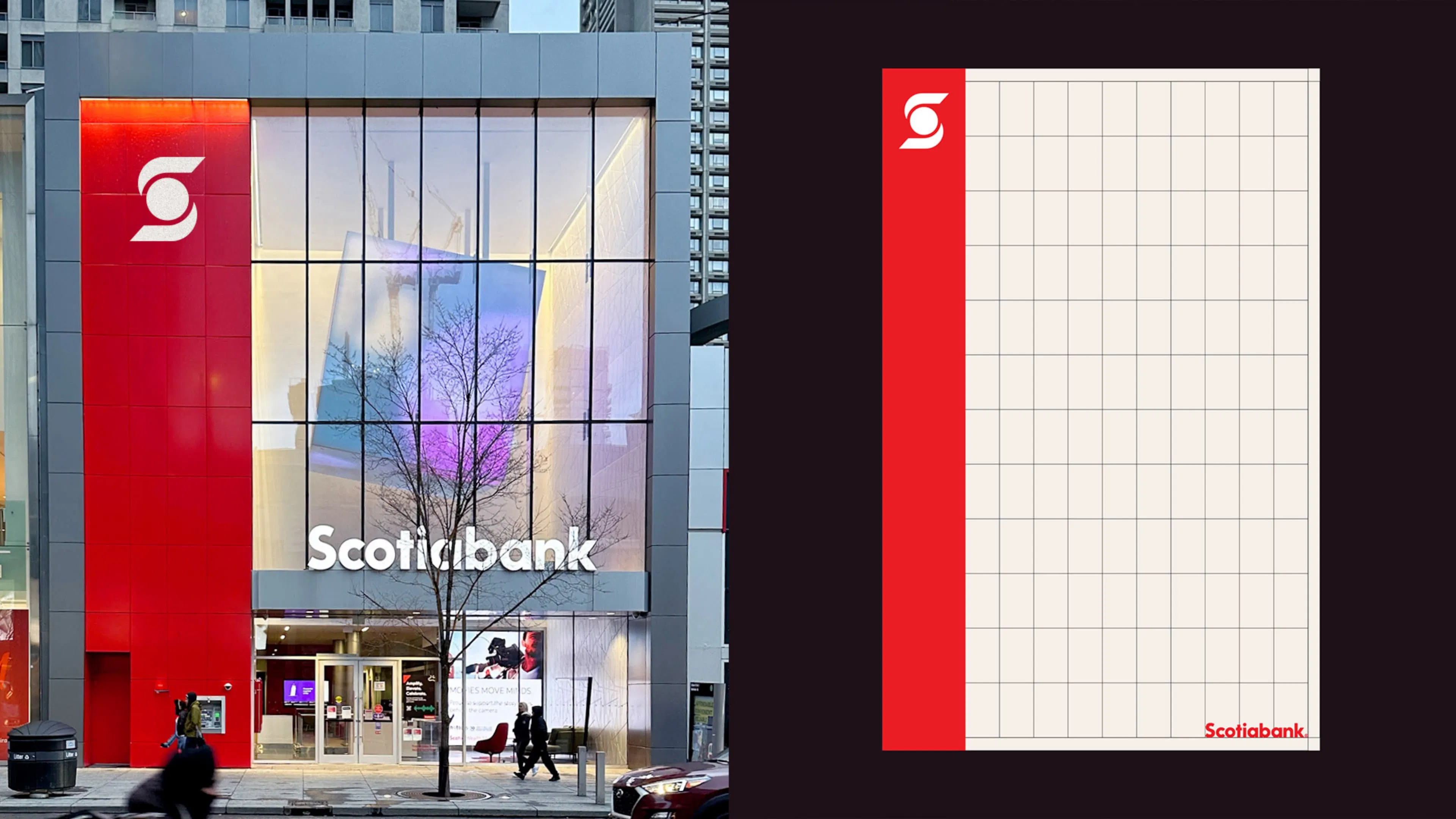 The image shows a modern Scotiabank branch with large glass windows and a red accent panel featuring the bank's logo. Next to it is a Scotiabank-branded notepad design, red on the left with a grid pattern.