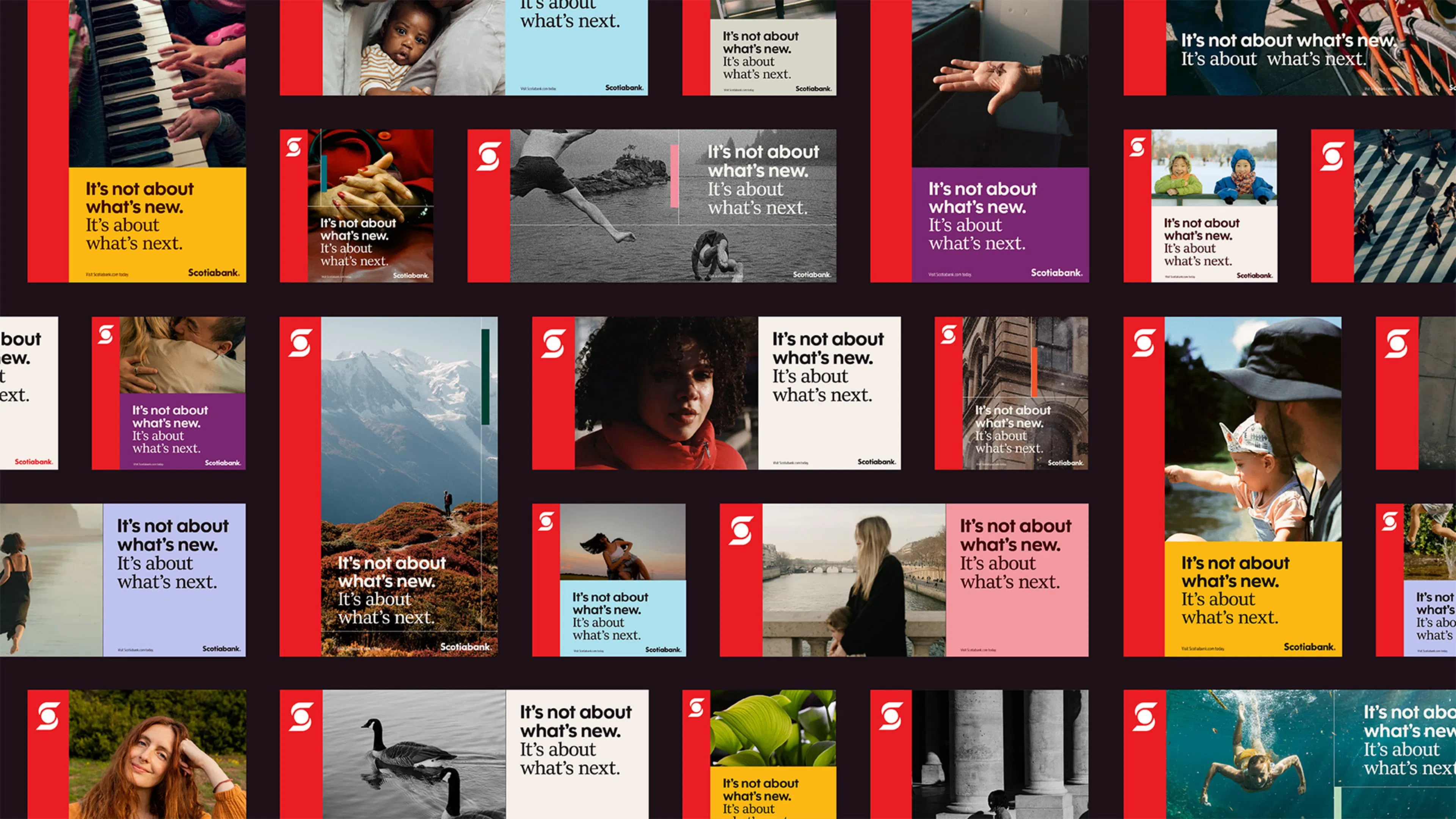 A collage of diverse images featuring people and nature, each with the phrase "It's not about what's new. It's about what's next" and a red Scotiabank logo. The scenes include a pianist, a sleeping baby, mountain landscapes, and swimmers, conveying progress and anticipation.