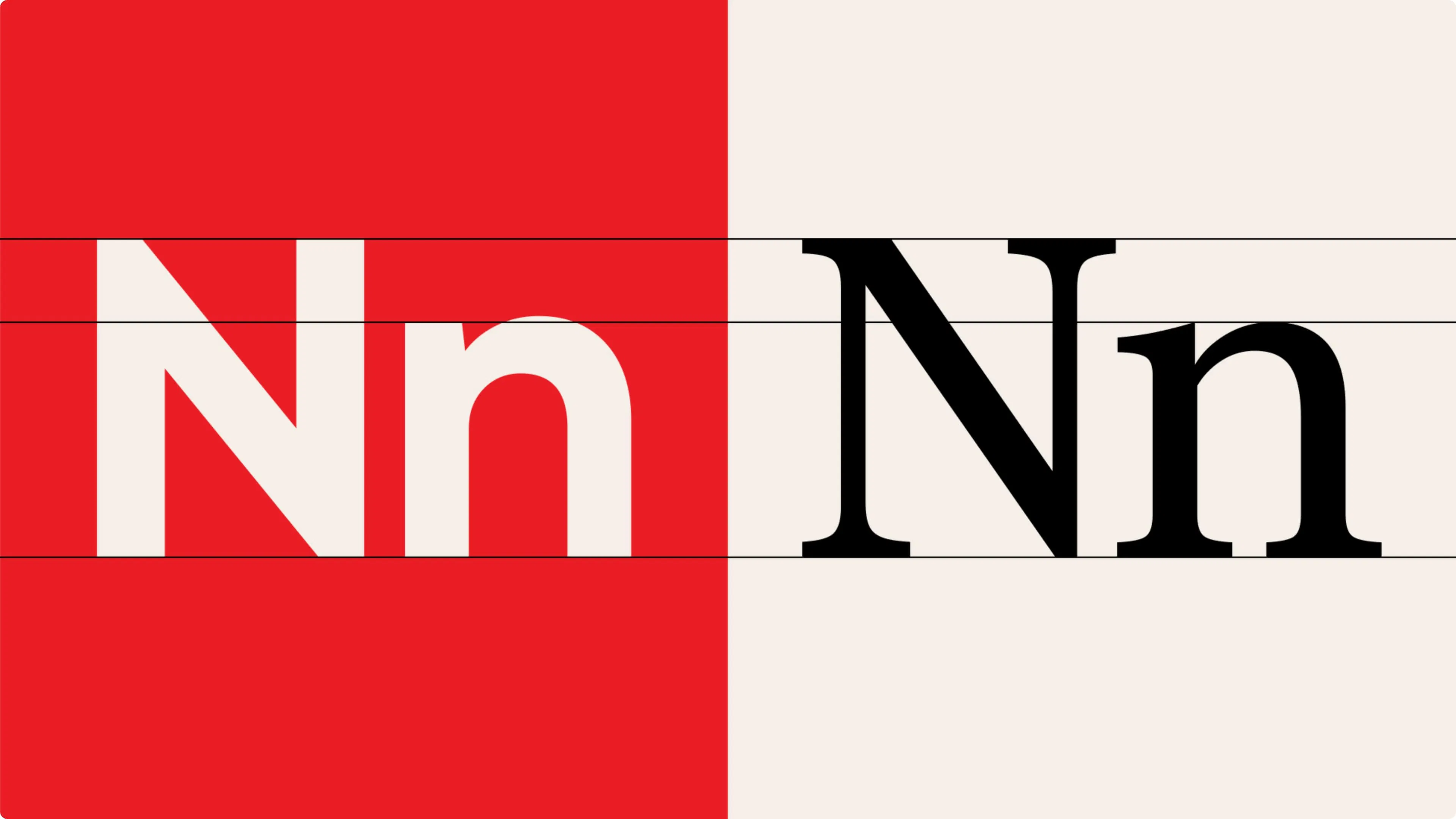 Image comparing sans-serif and serif fonts. Left, white sans-serif 'Nn' on red; right, black serif 'Nn' on cream. Horizontal guide lines across both.