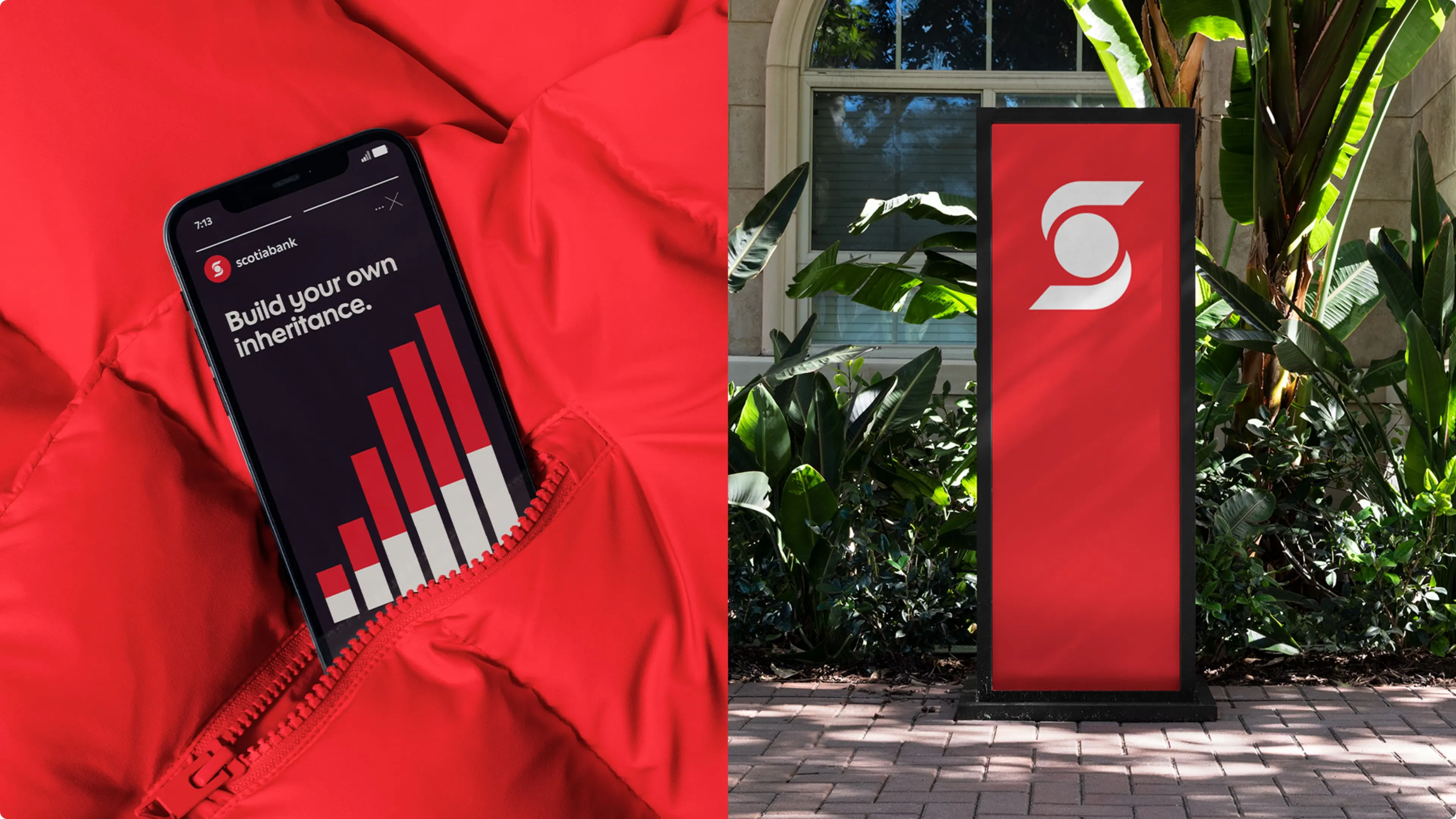 A smartphone in a red jacket displays a graph with the text "Build your own inheritance." Next to it, a red sign with a white Scotiabank logo stands among greenery.