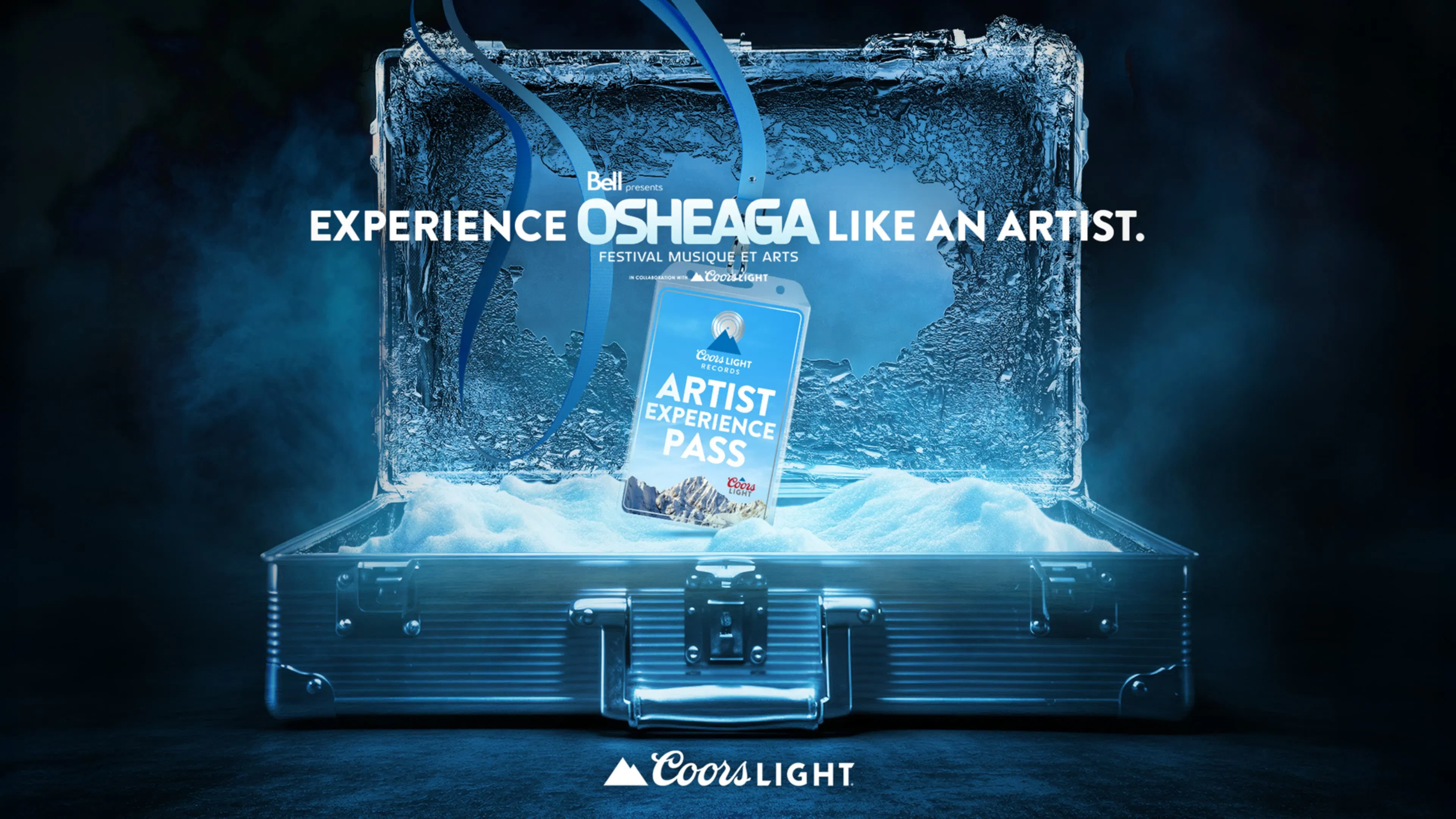 Icey and frozen briefcase holds an "Artist Experience Pass" for Osheaga Festival. Text reads: "Experience Osheaga Like an Artist" with Coors Light logo below.