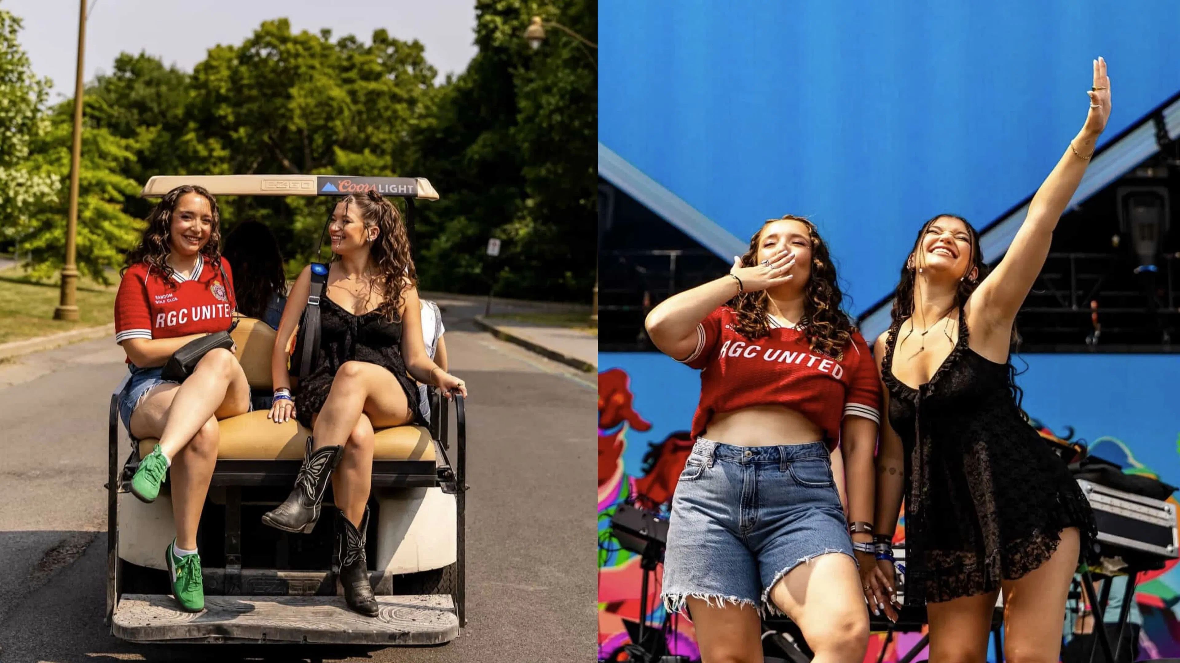 Two women are seen in separate images. On the left, they smile while sitting in a golf cart on a tree-lined street. On the right, they pose energetically with one wearing a red shirt and blue denim shorts and the other in a black dress. The mood is joyful and lively.