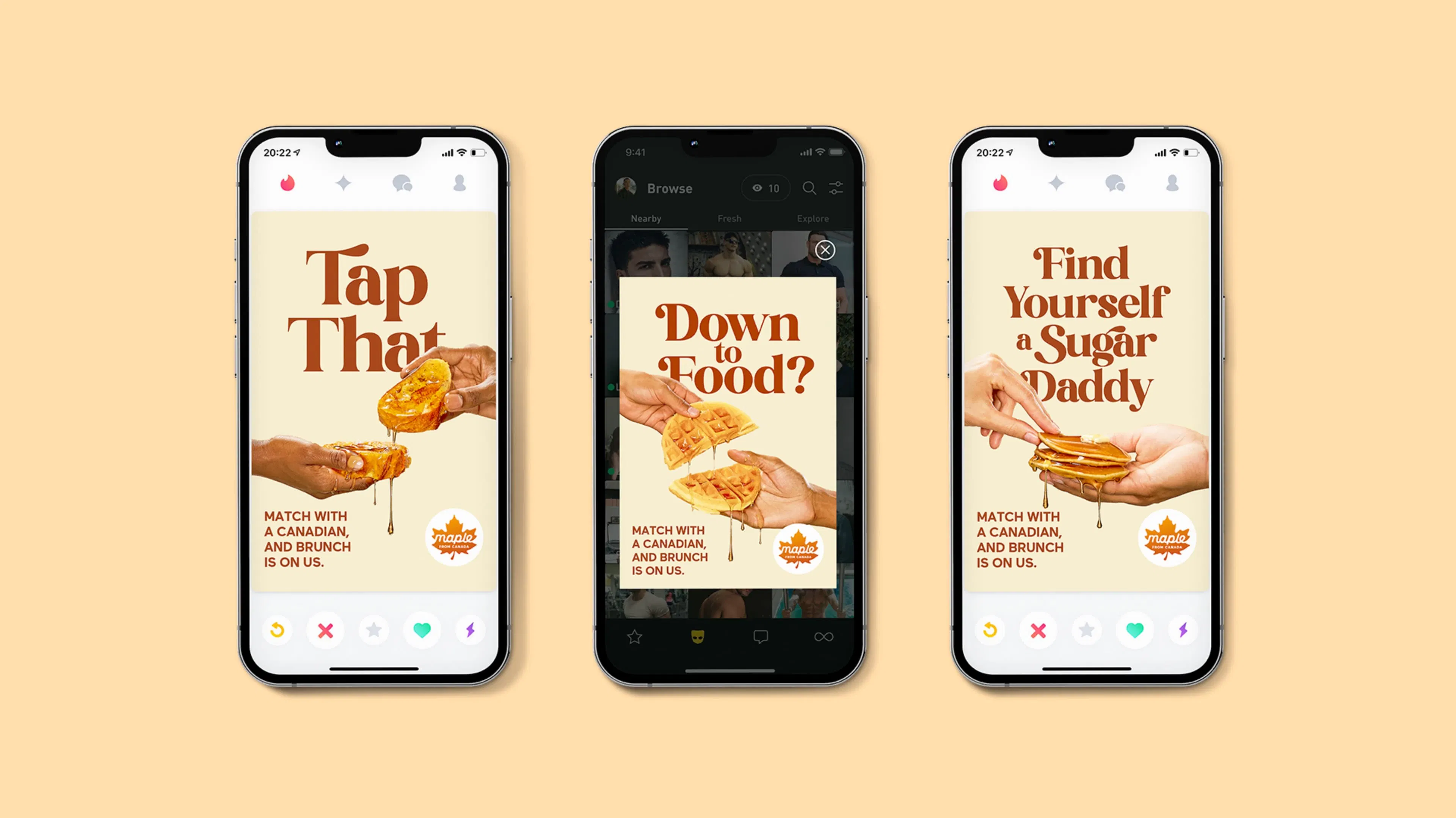Three smartphones display social ads for. Each shows hands holding pancakes with maple syrup. Phrases read: "Tap That," "Down to Food?" and "Find Yourself a Sugar Daddy." Tone is flirty and playful.