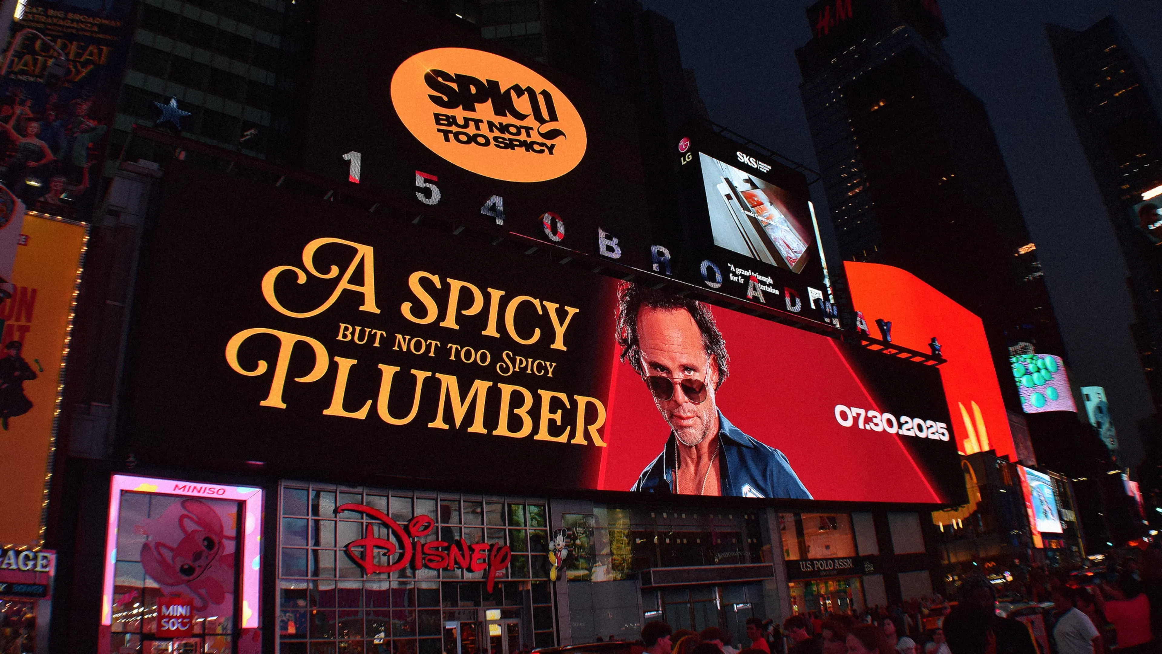 A digital billboard in Times Square, New York City, displays an ad reading "A Spicy but Not Too Spicy Plumber" alongside actor Walter Goggins, a suave man in sunglasses. The vibrant city lights create an energetic, dynamic atmosphere.