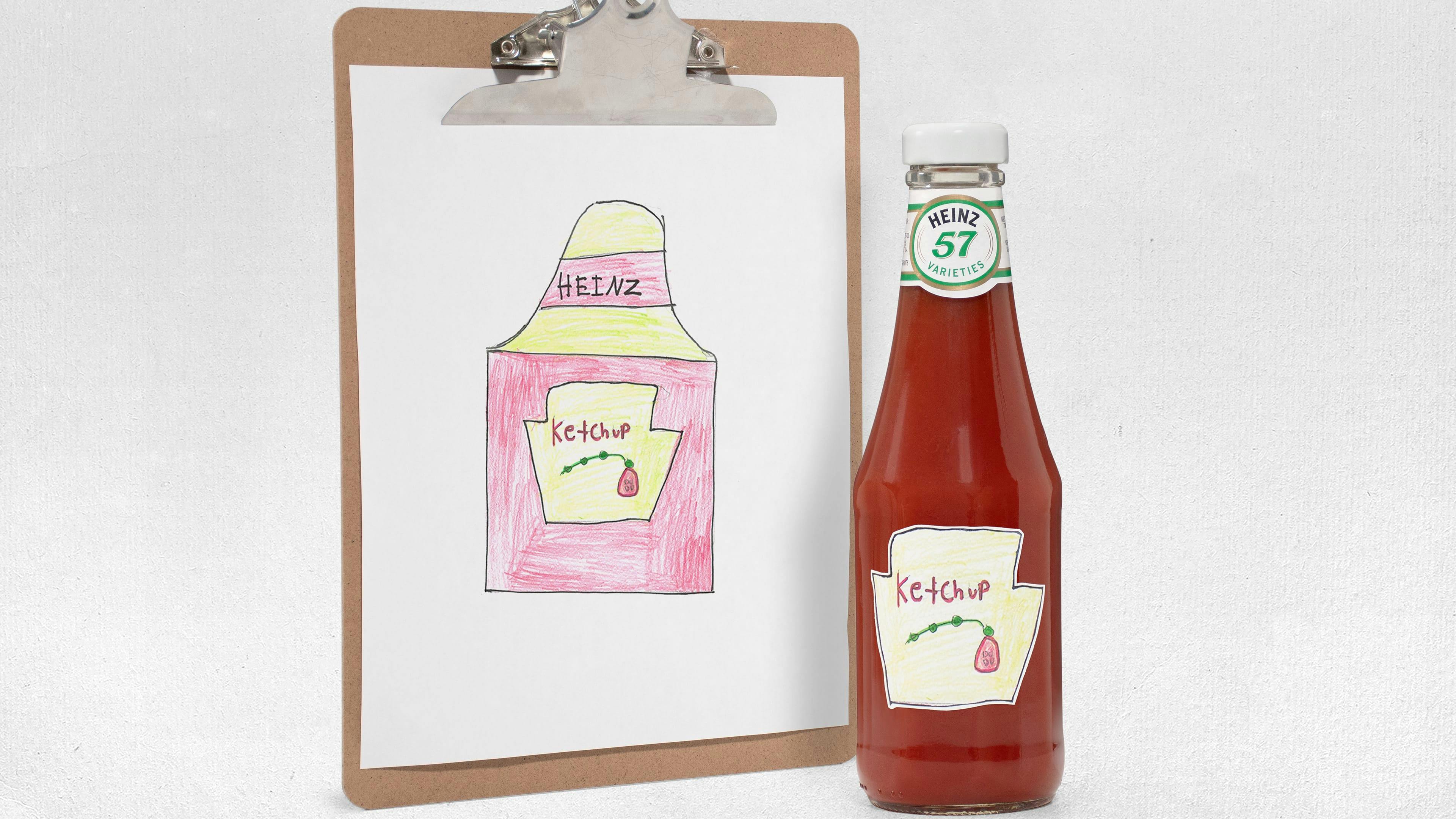 Children's drawing of a Heinz ketchup bottle.