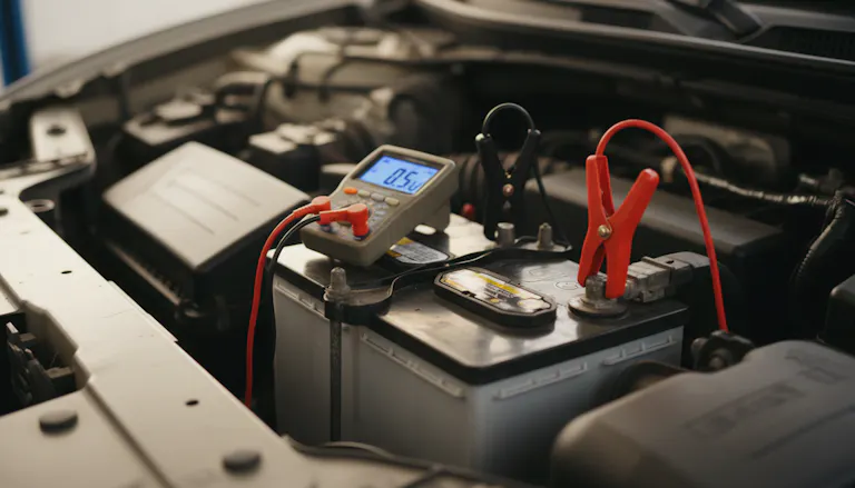 Multimeter an einer Autobatterie im Motorraum zeigt niedrige Spannung – Diagnose einer Tiefentladung
