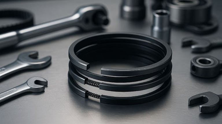 Kolbenringsatz auf einer Werkbank mit Werkzeug Kolbenringsatz auf einer Werkbank mit Werkzeug