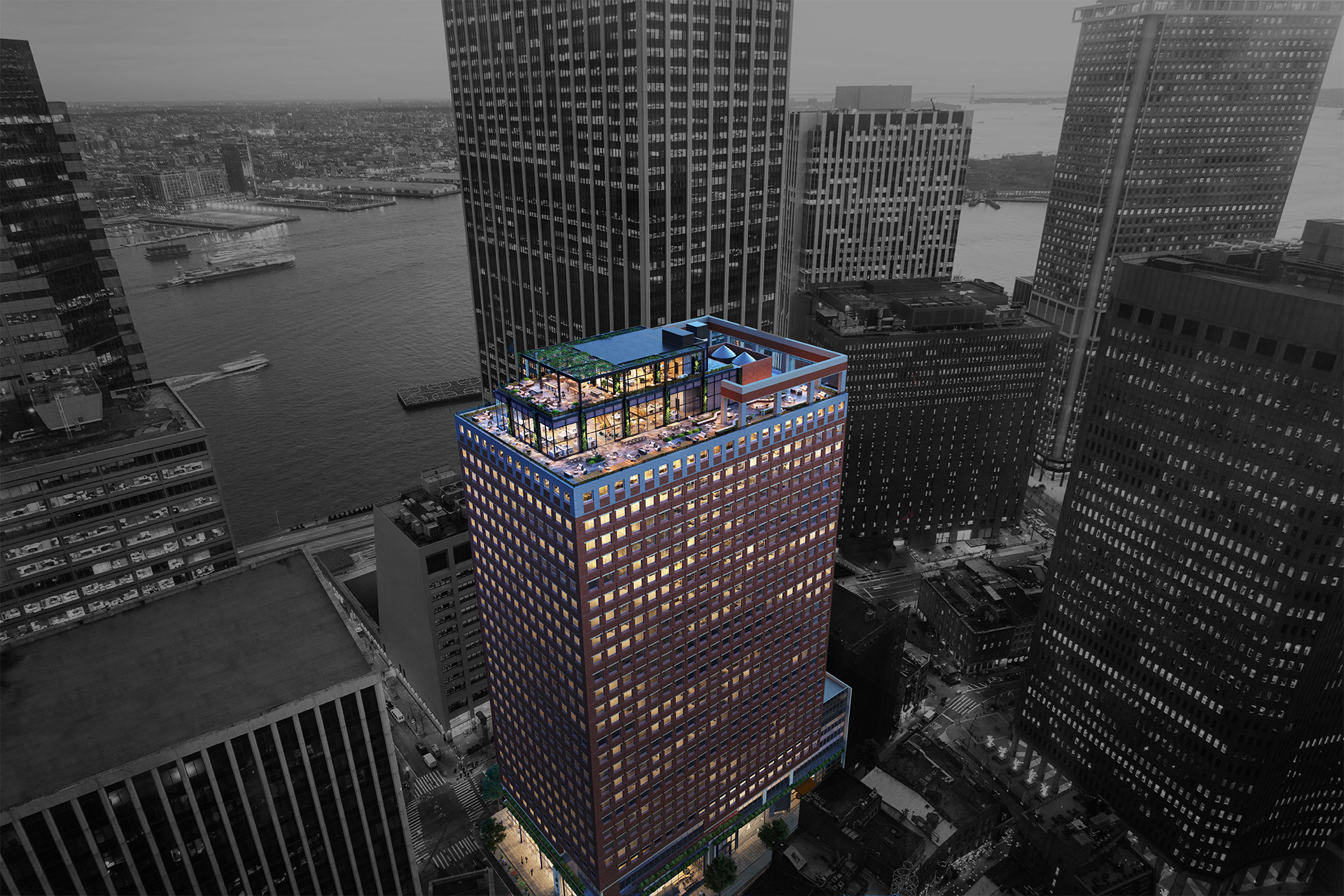 Blick von oben auf mehrere Hochhäuser, dahinter Wasser.